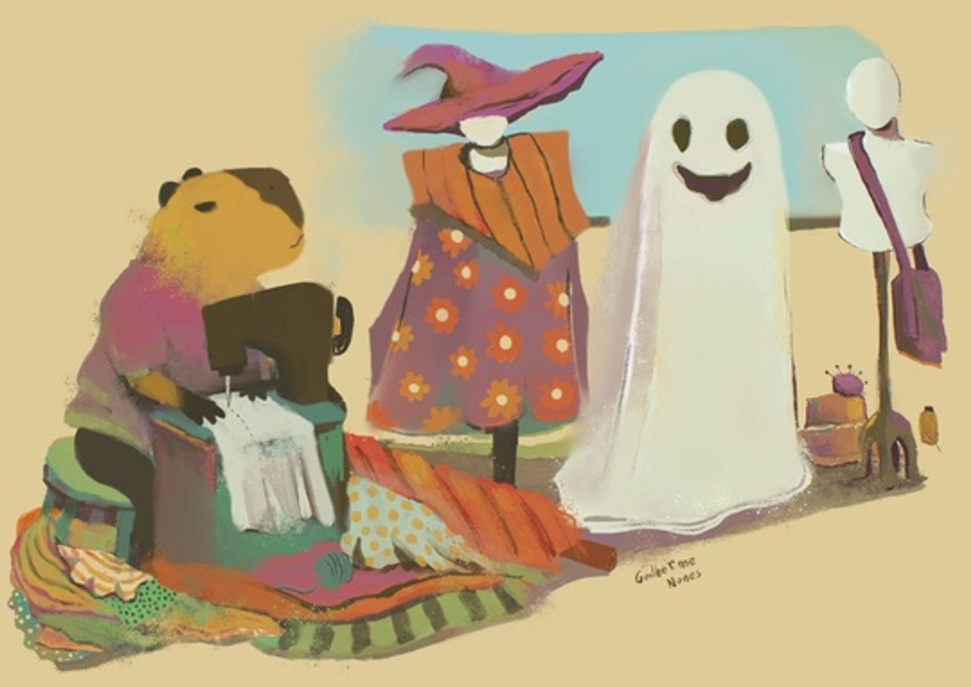 painting of a capybara making an outfit on a sewing machine she's in a masquerade costume store full of fabrics lying on the floor and 3 mannequins one wearing a witch's outfit, one a ghost and the other just carrying a handbag