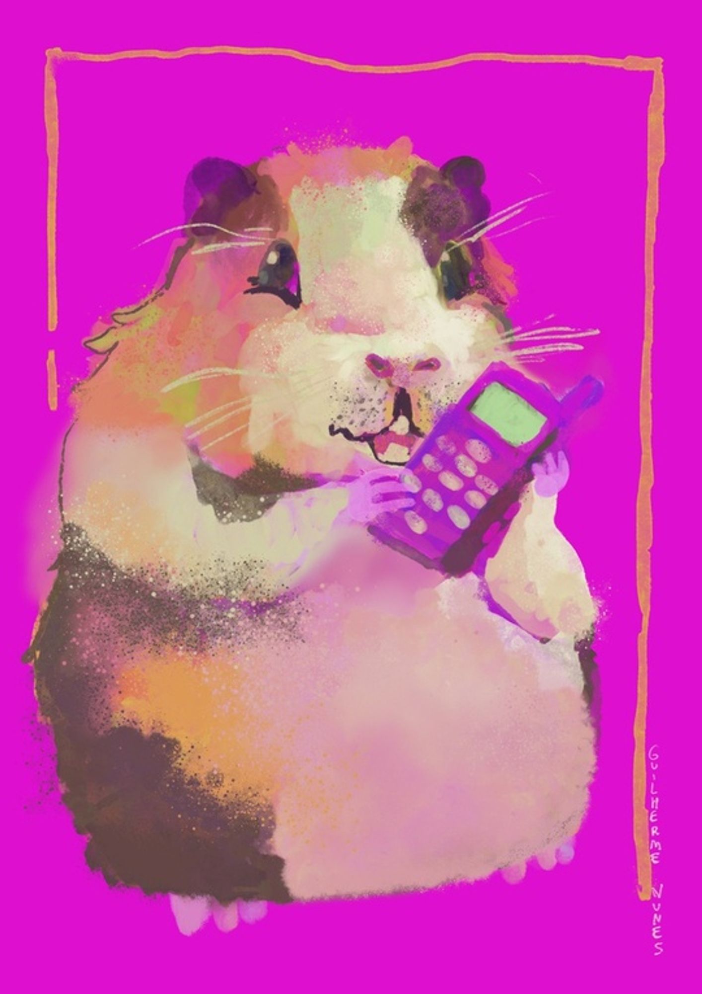 painting of a guinea pig smiling holding a pink old phone