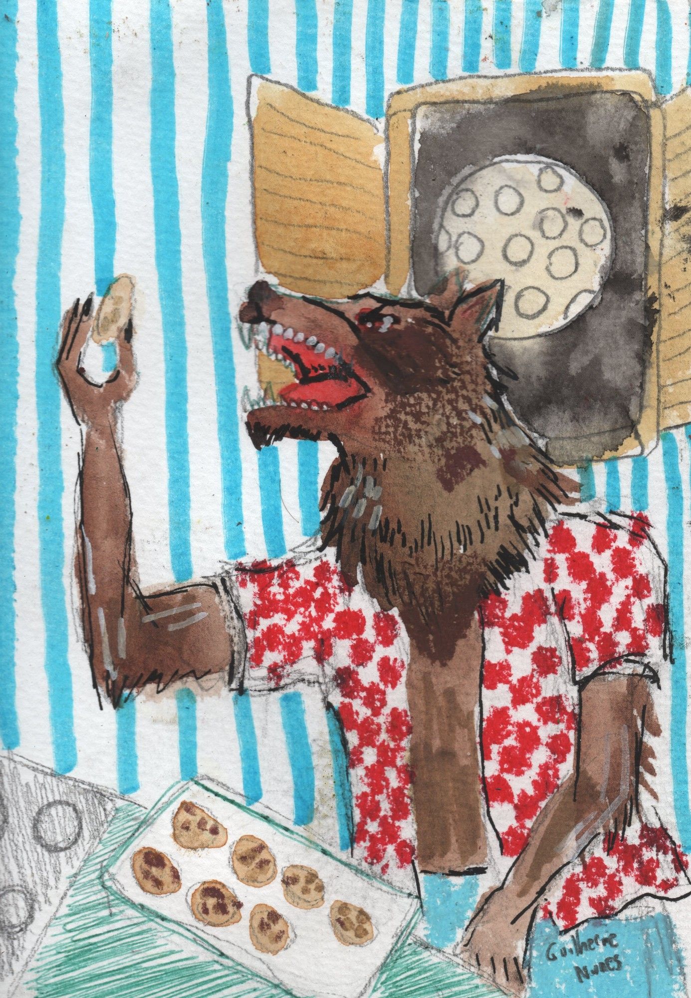 painting of a werewolf in a kitchen after he made some coockies there is a window showing a full moon