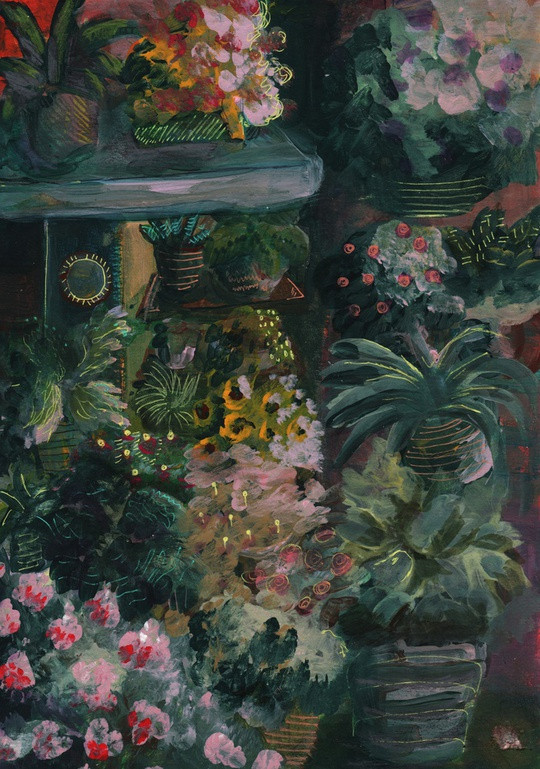 gouache painting, so many plants in darken tones