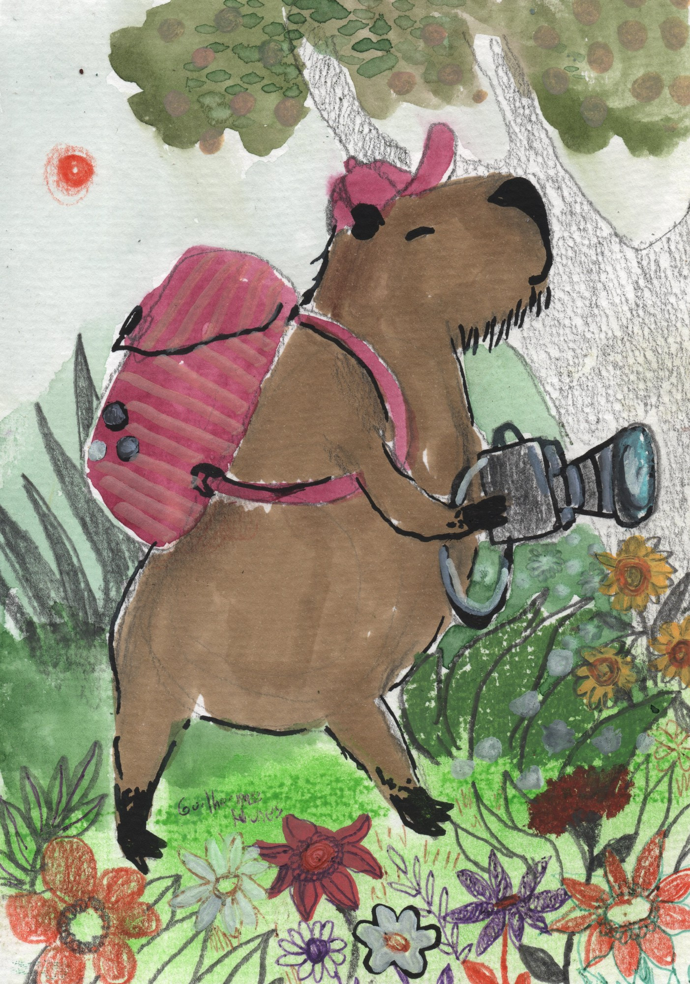 painting of a capybara in the forest wearing a pink cap and backpack and holding a camera