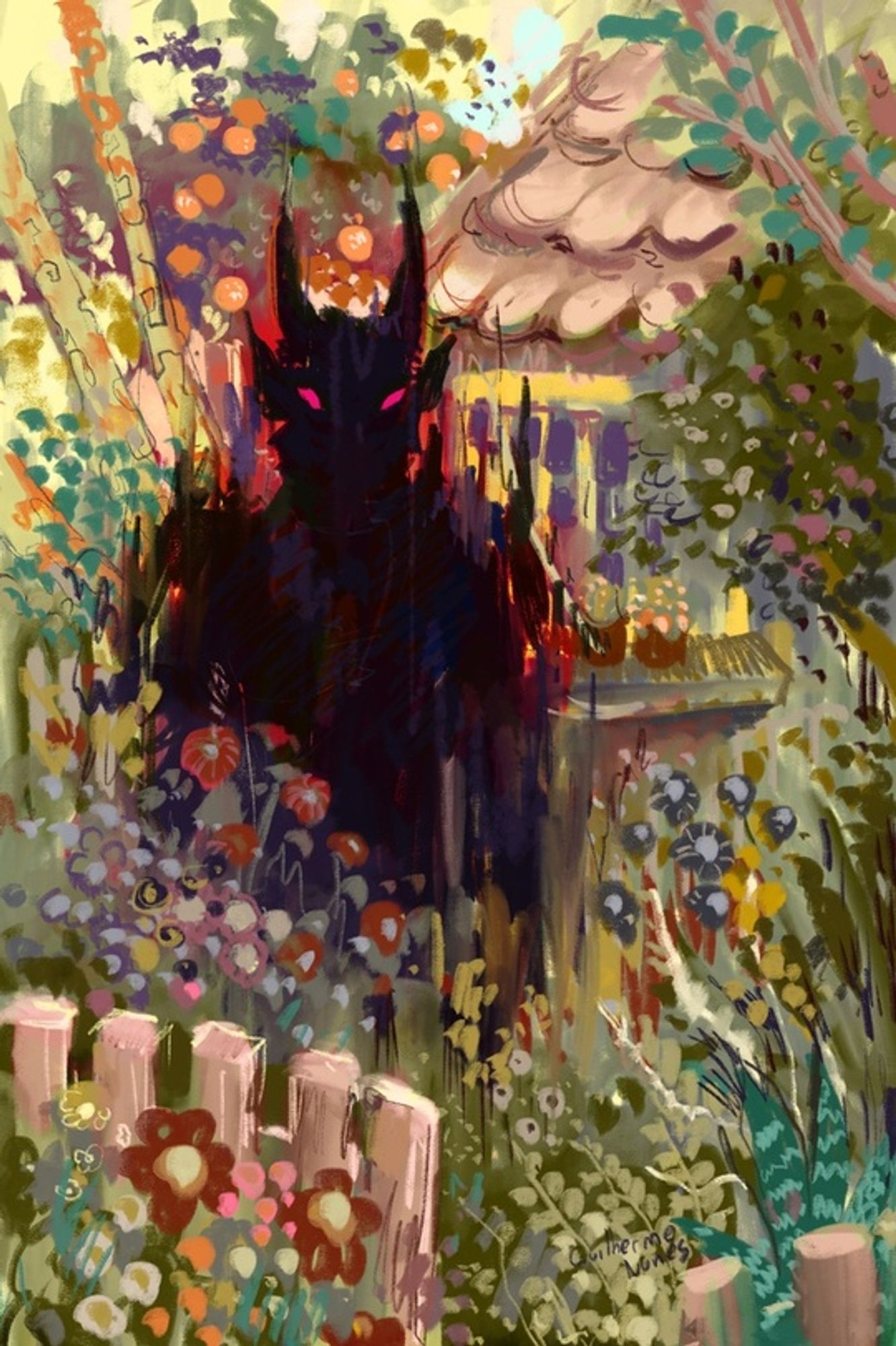 painting of a man/demon made of shadows in a floral scenario