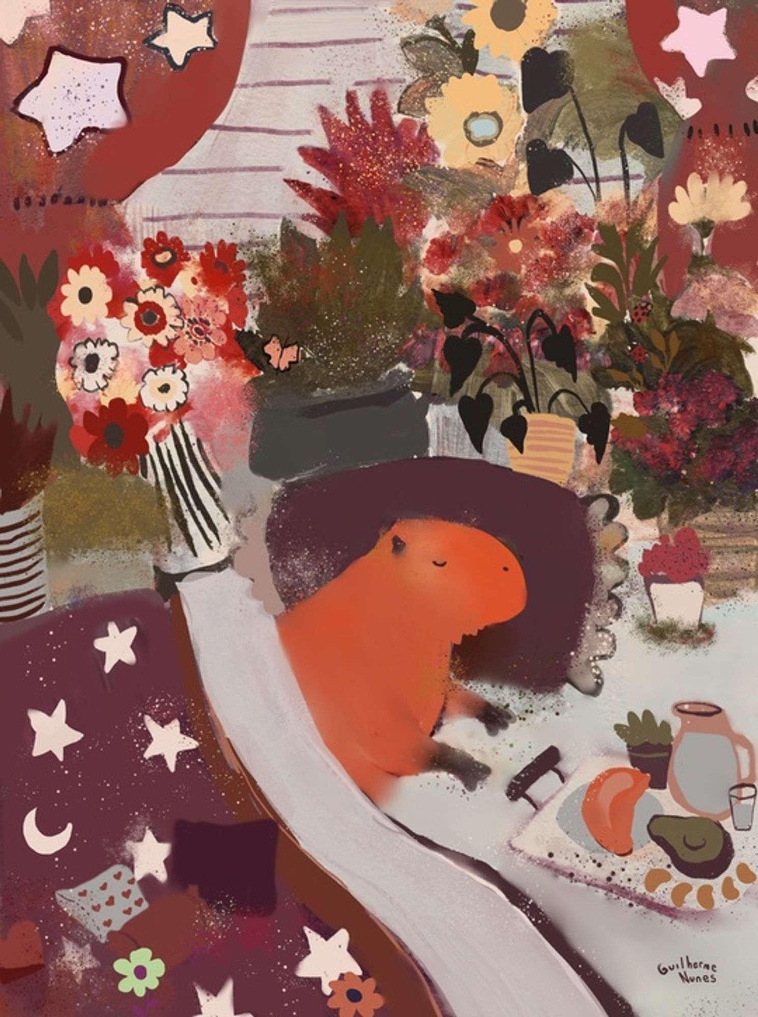 painting of a capybara lying comfortably covered in a starry comforter with a breakfast board next to it and lots of plants in the room