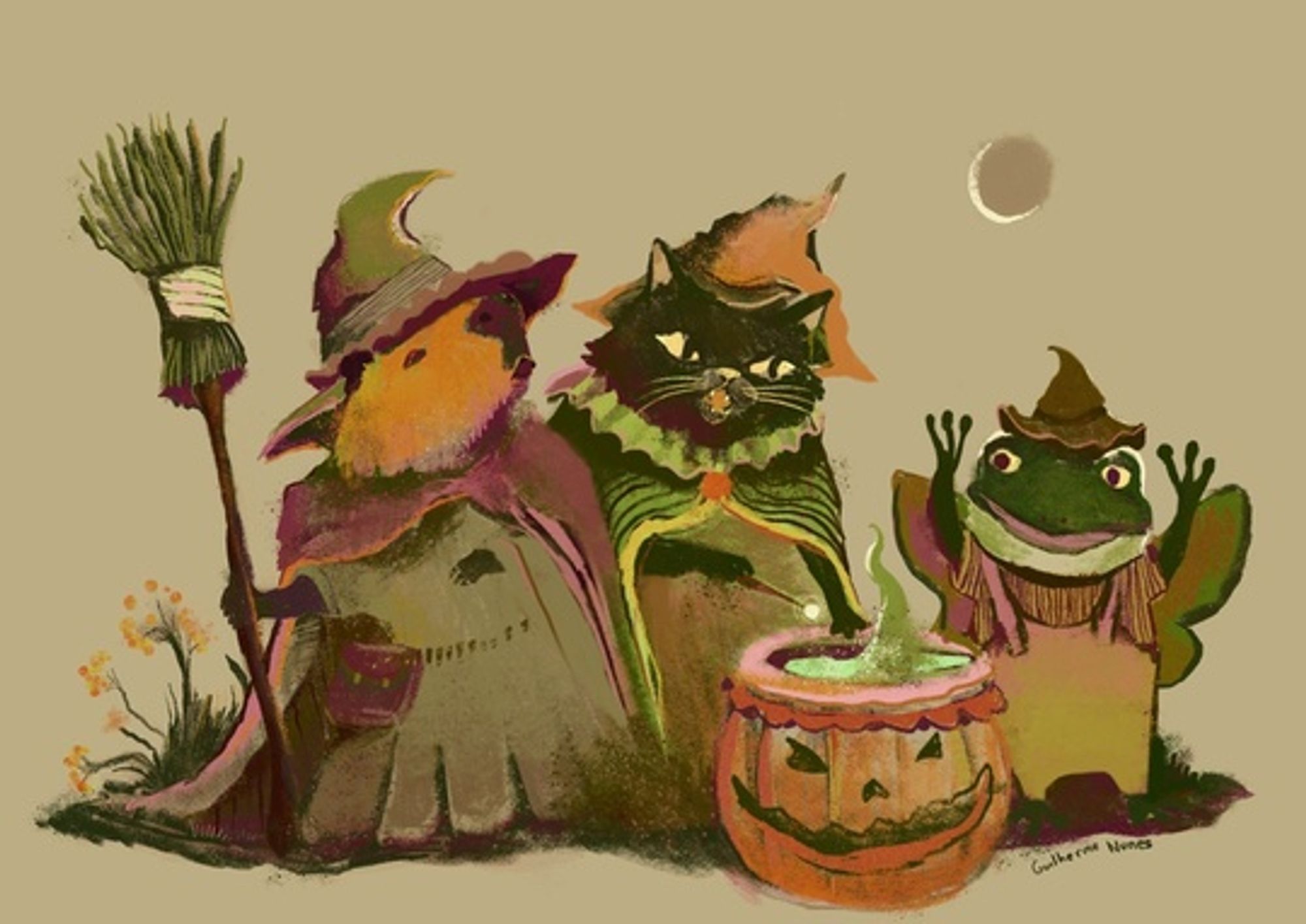 painting of a capybara dressed as a witch holding a broom, a black cat dressed as witch and a frog dressing as witch with butterfly wings they are close to a pumpkin where the cat mix a potion inside it with a magic wand