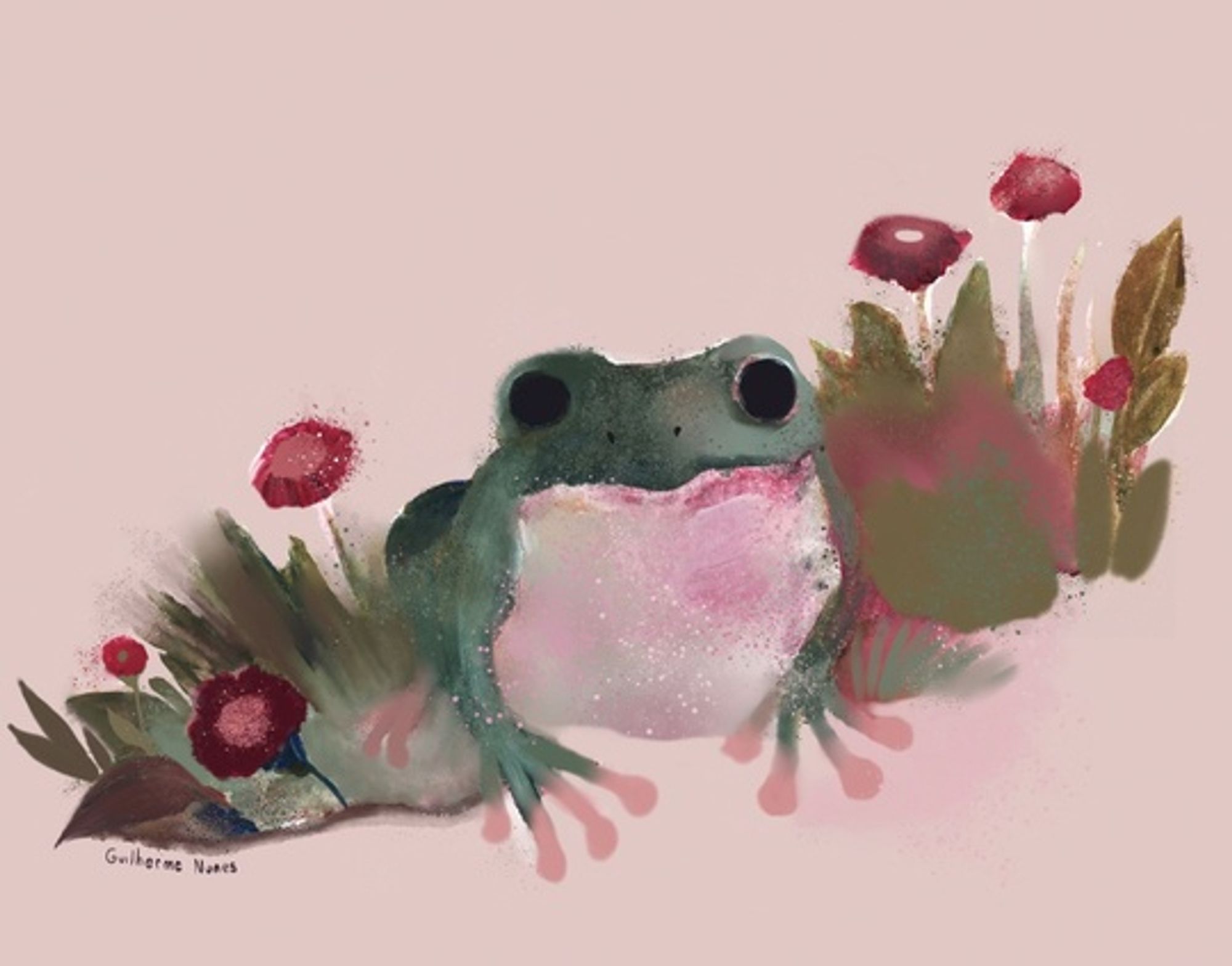 painting of a cute green frog with flowers and leafs behind