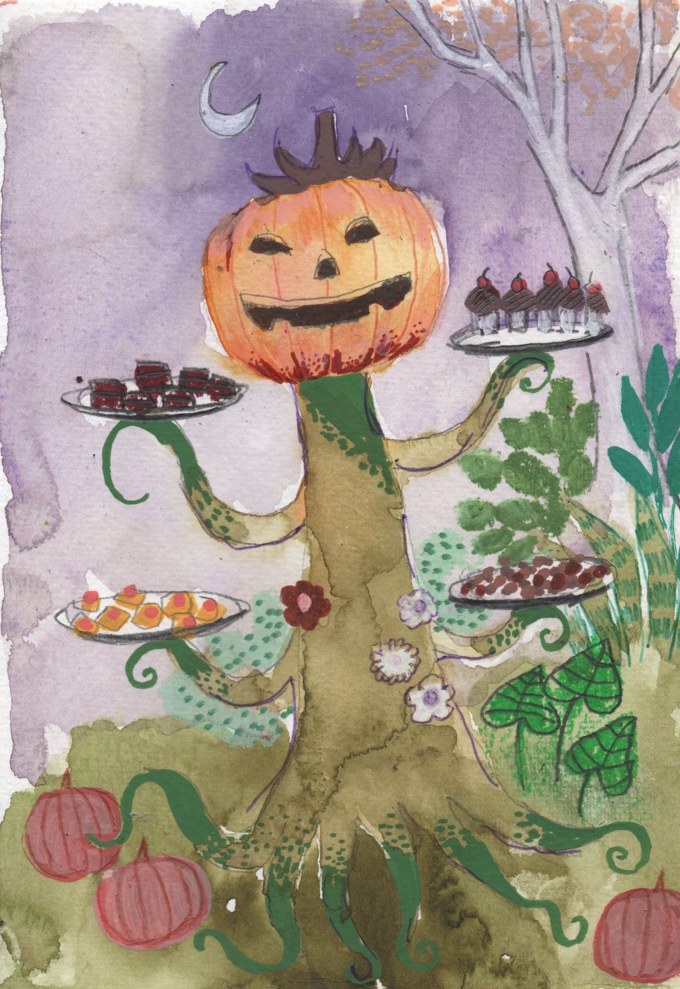 painting of a giant pumpkin with green tentacles coming out of it holding little candy dishes