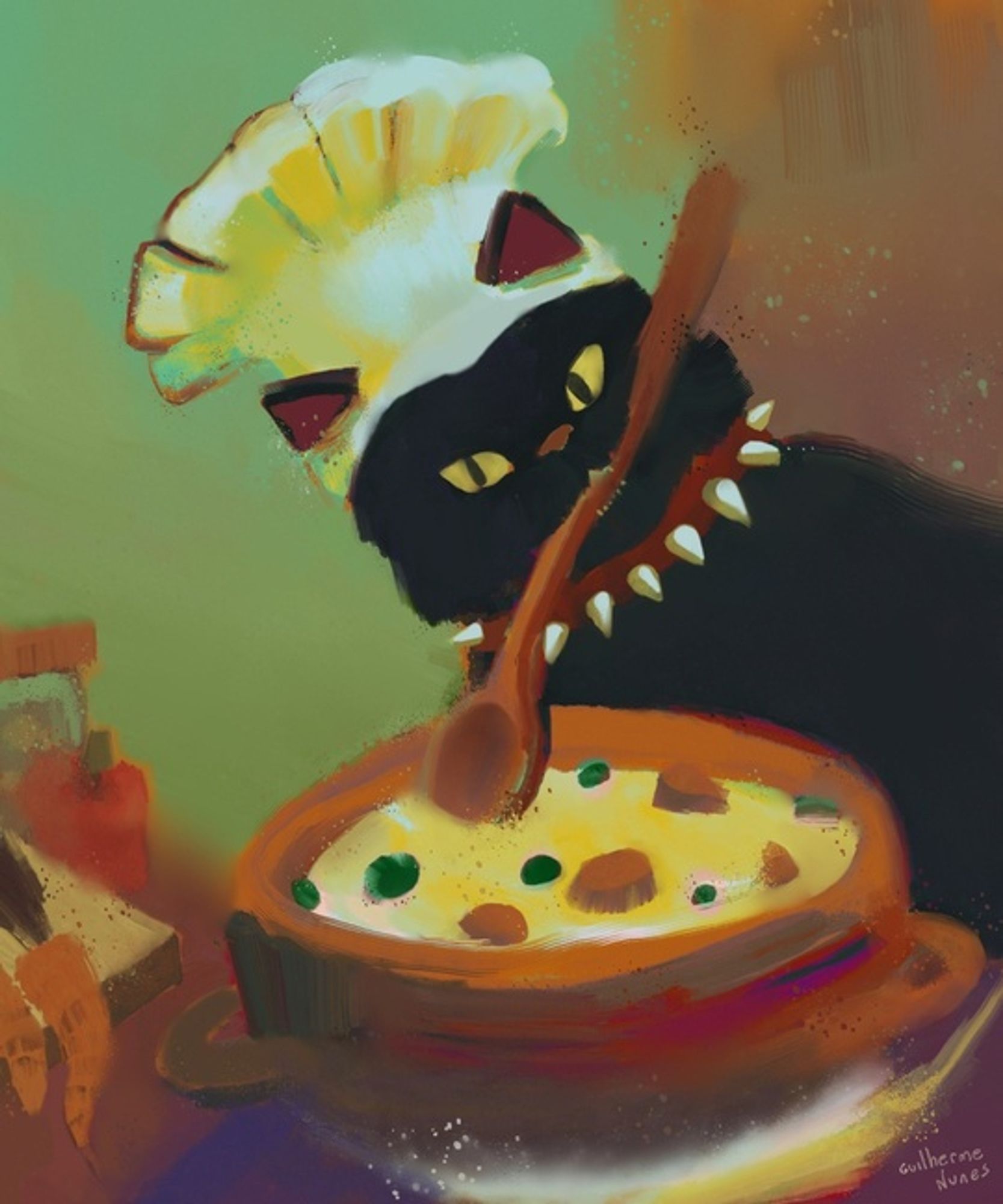 painting of a black cat with a skewer necklace holding a wooden spoon and stirring a pot of vegetable soup