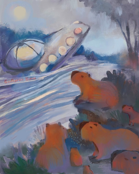 painting of capybaras on the riverbank watching a ufo fall into the water