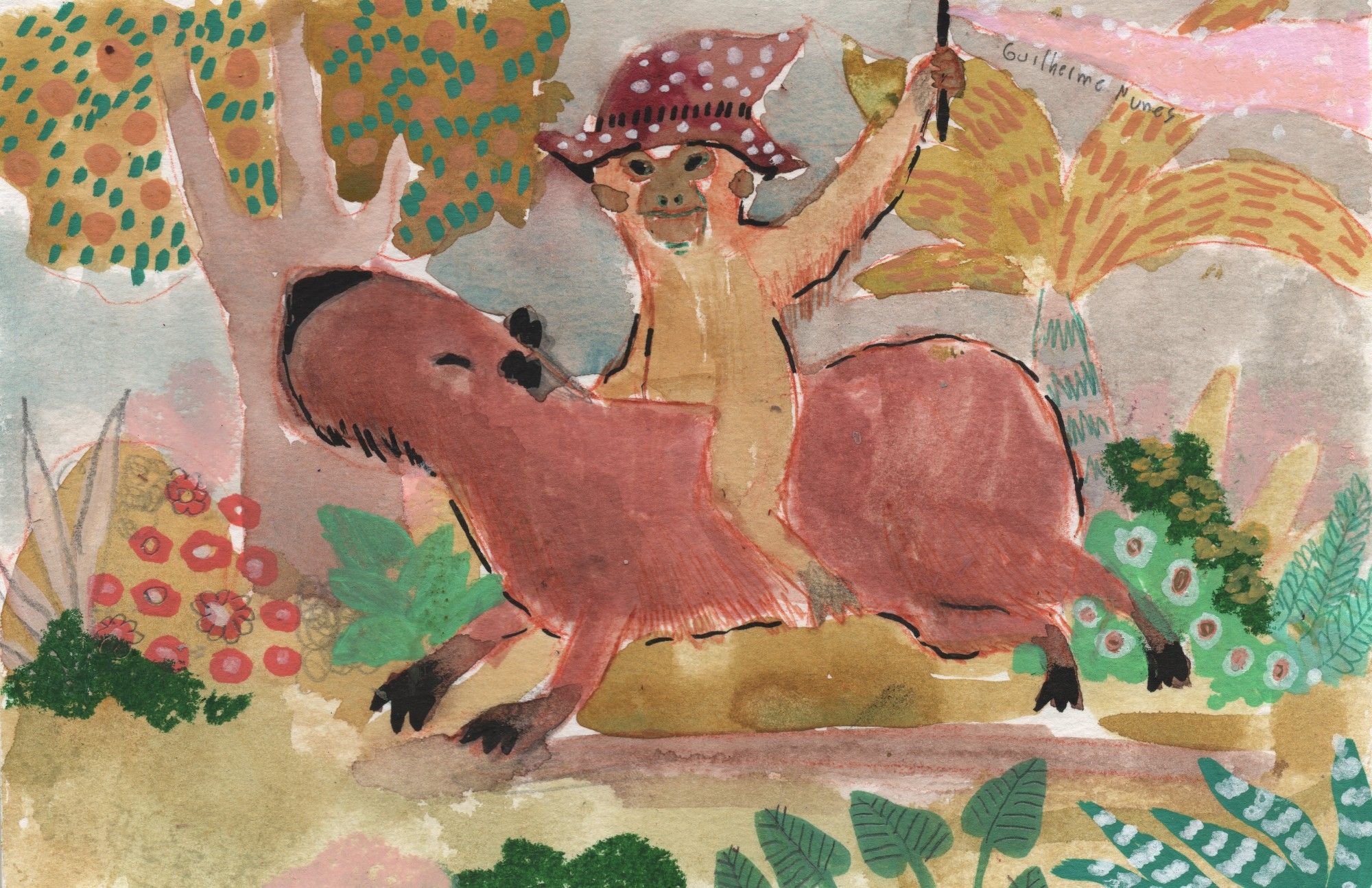 painting of a gibbon wizard riding a capybara through the forest holding a wand that gives off pink light