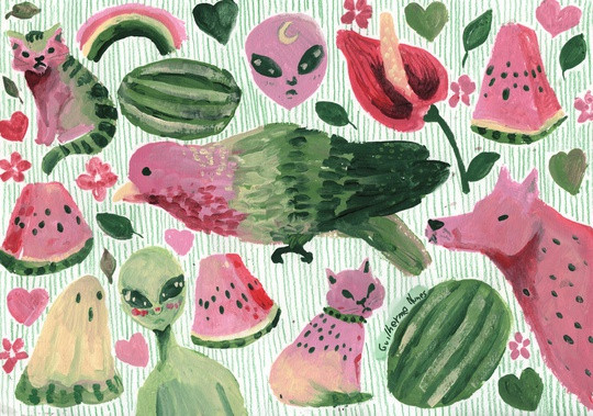 a page all messed up with different doodles, but all in the colors and texture of watermelon: wolf, cats, birds, aliens, ghosts...