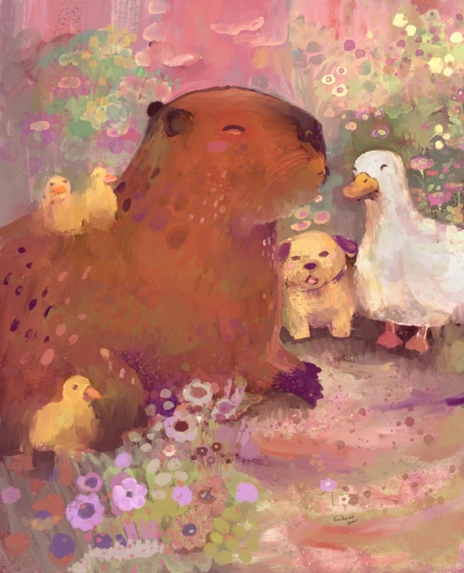 painting of a floral environment, a group of friends made up of a capybara, chicks and a duck are laughing at the dog's joke