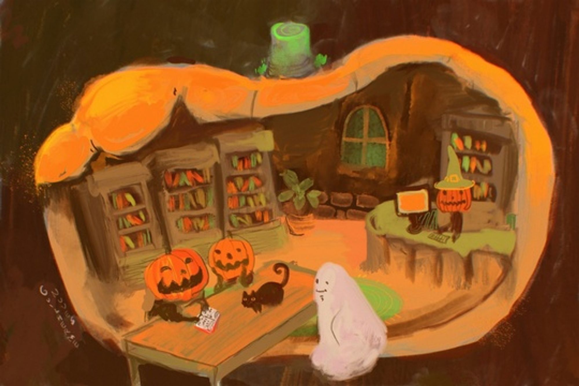 painting of a bookshop inside a pumpkin, with humanoid pumpkins as customers and attendants, also with a ghost and a cat