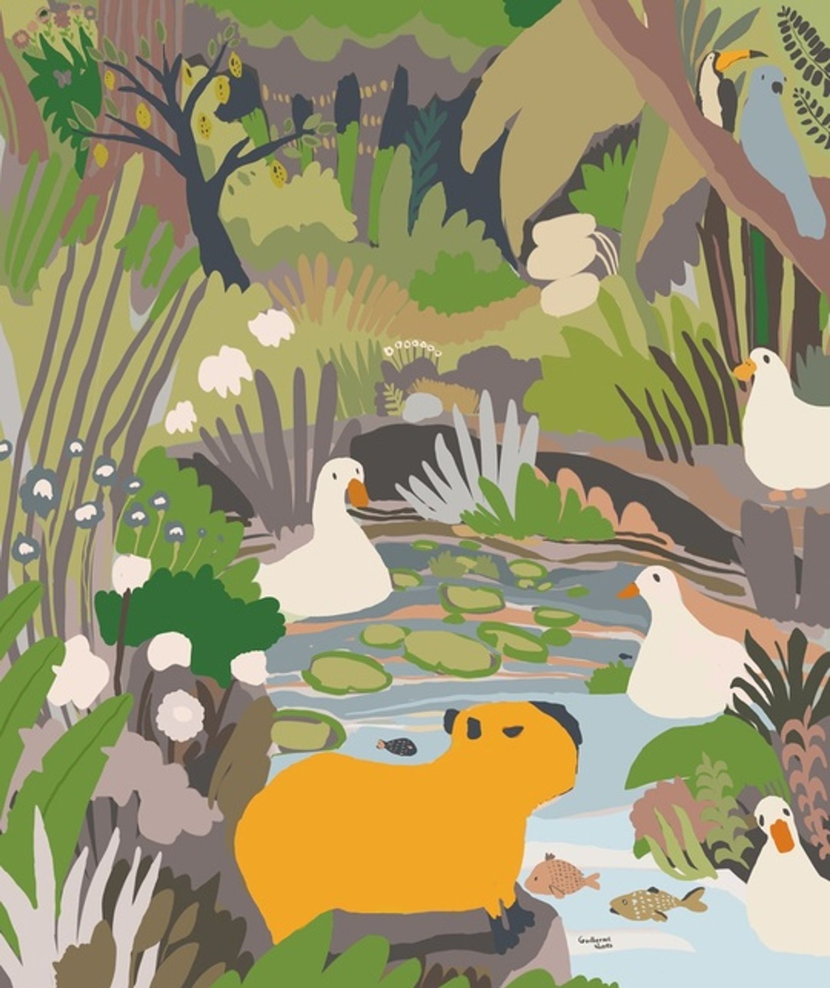 painting of a river shore with capybara and various ducks