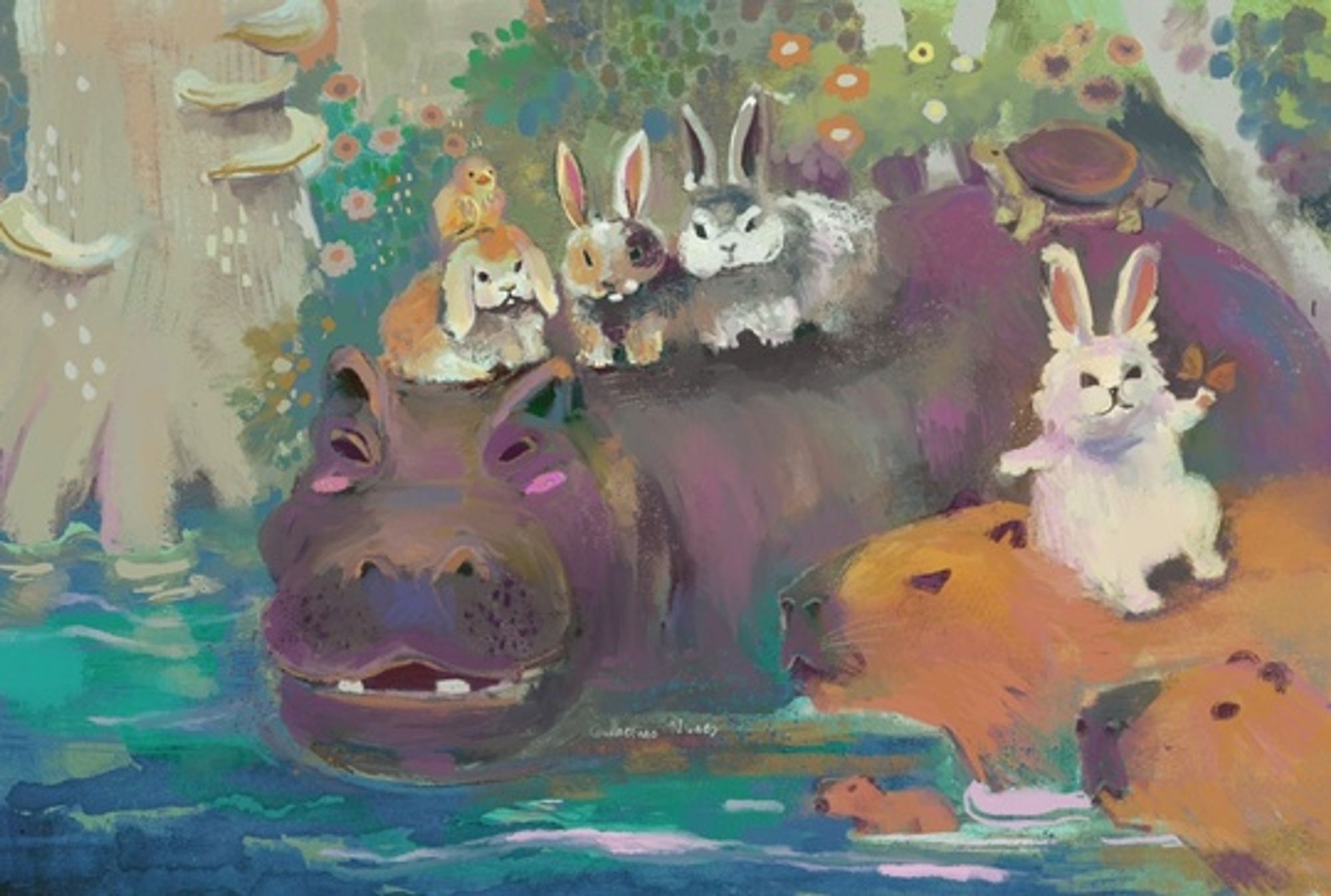 painting of a hippopotamus and capybaras in a river there is rabbits and a turtle and a chick on top then the shore is flowery and mushrooms growing from a tree