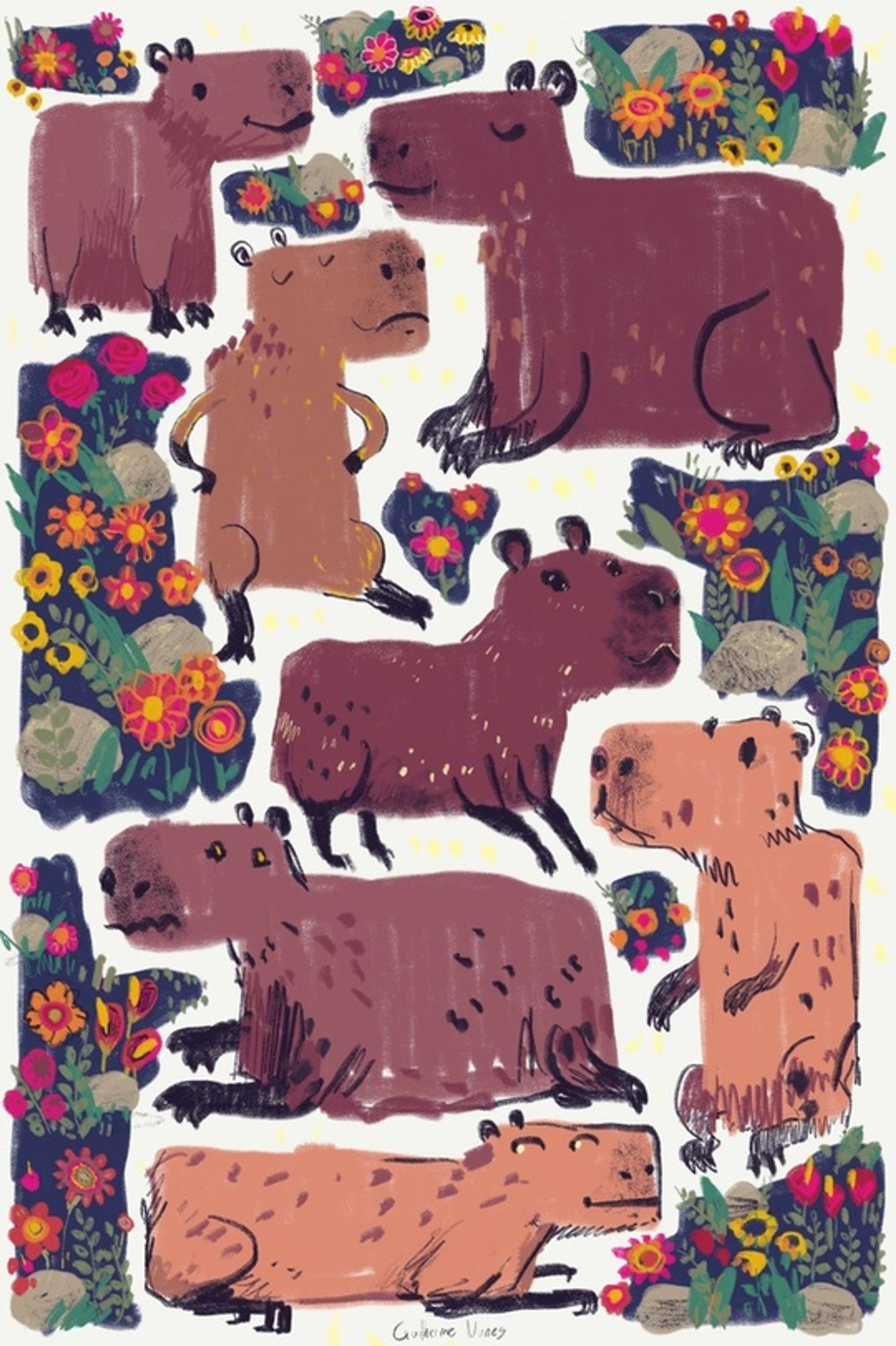 painting of capybaras and shapes of flowers and rocks