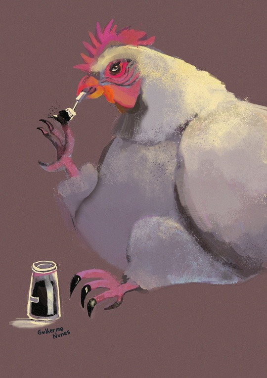 painting of a chicken painting his nails black