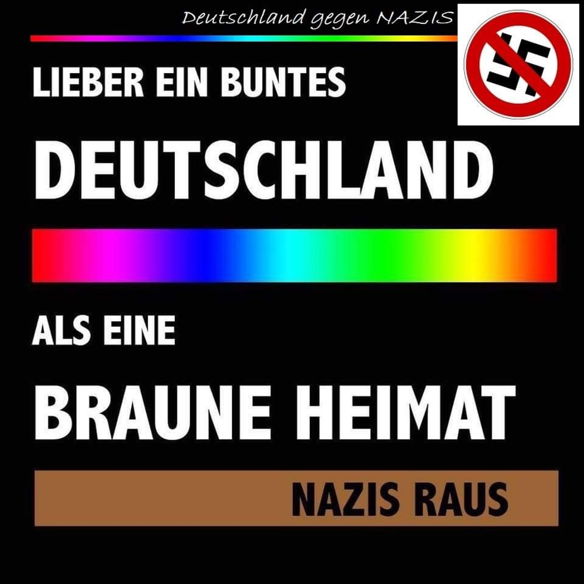 Das Bild enthält den Text:

"LIEBER EIN BUNTES DEUTSCHLAND ALS EINE BRAUNE HEIMAT"
Am unteren Rand steht in großen Buchstaben "NAZIS RAUS".

Es gibt einen Regenbogenbalken unter dem Wort „DEUTSCHLAND“, der für Vielfalt und Toleranz steht. Der Begriff „BRAUNE HEIMAT“ verweist auf die negative Assoziation mit der NS-Zeit und brauner Ideologie. Am oberen rechten Rand befindet sich ein durchgestrichenes Hakenkreuz, was klar gegen Nazis und ihre Ideologie positioniert ist.

Die Botschaft des Bildes drückt aus, dass eine bunte, vielfältige Gesellschaft einem von Nazis und Rechtsextremismus geprägten Deutschland vorzuziehen ist.