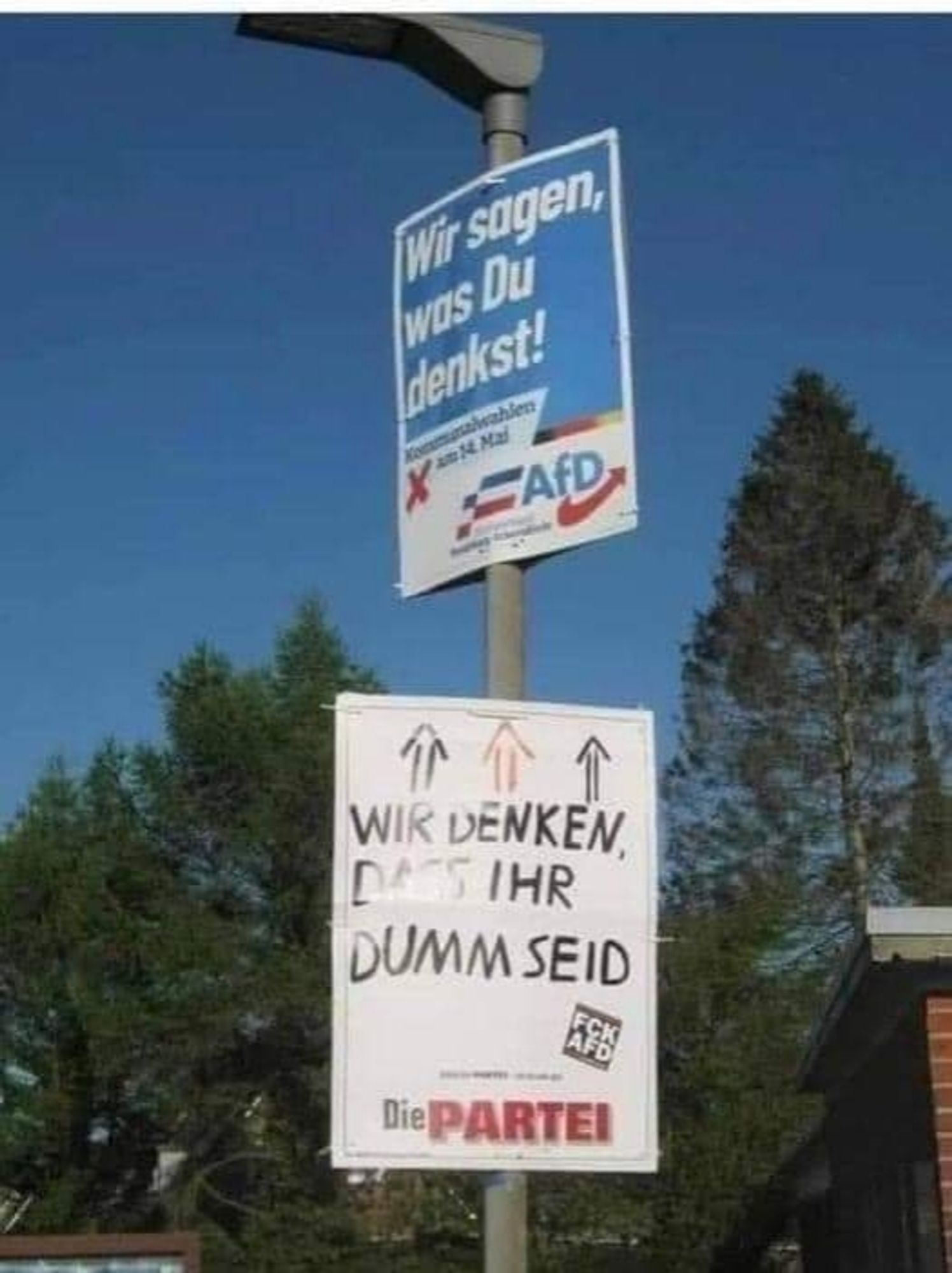 Foto, im Vordergrund ist eine Straßenlaterne zu sehen. Im Hintergrund Bäume und ein blauer Himmel. An der Straßenlaterne hängen 2 Plakate. Das obere ist ein Wahlplakat der AfD, darauf steht: "Wir sagen was Du denkst." Das untere ist ein Plakat der Die Partei, darauf steht: "Wir denken, dass Ihr dumm seid. Darunter ein Aufkleber mit FCKAFD.