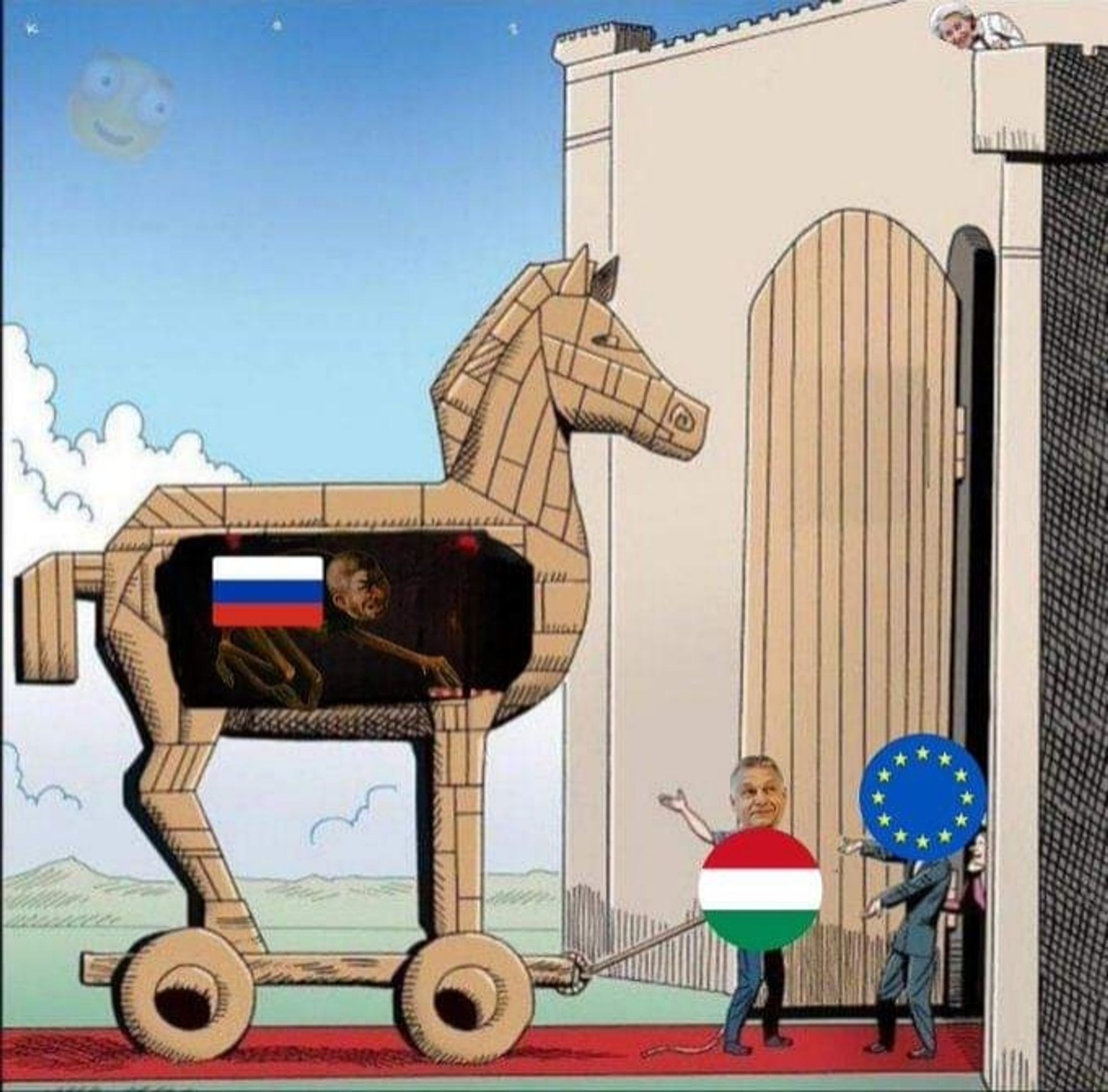 Das Bild ist eine Karikatur, die eine politische Botschaft über die Beziehungen zwischen Russland, Ungarn und der Europäischen Union (EU) darstellt. Hier sind die Details des Bildes:

1. **Trojanisches Pferd**: In der Mitte des Bildes steht ein großes hölzernes trojanisches Pferd. 
2. **Russland**: Auf der Seite des Pferdes ist eine russische Flagge zu sehen, und durch ein Fenster im Pferd kann man eine düstere Figur erkennen, die symbolisch für Russland steht.
3. **Ungarn**: Vor dem Pferd steht eine Figur mit dem Gesicht des ungarischen Premierministers Viktor Orbán, die die ungarische Flagge trägt. Orbán zieht das trojanische Pferd in Richtung eines großen Tores.
4. **Europäische Union (EU)**: Am Tor steht eine Figur mit dem EU-Symbol, die das Tor öffnet und so Orbán und das trojanische Pferd hereinlässt.
5. **Gesicht oben links**: In der oberen linken Ecke des Bildes ist ein grinsendes Gesicht zu sehen, das möglicherweise auf jemanden hinweist, der das Geschehen beobachtet.