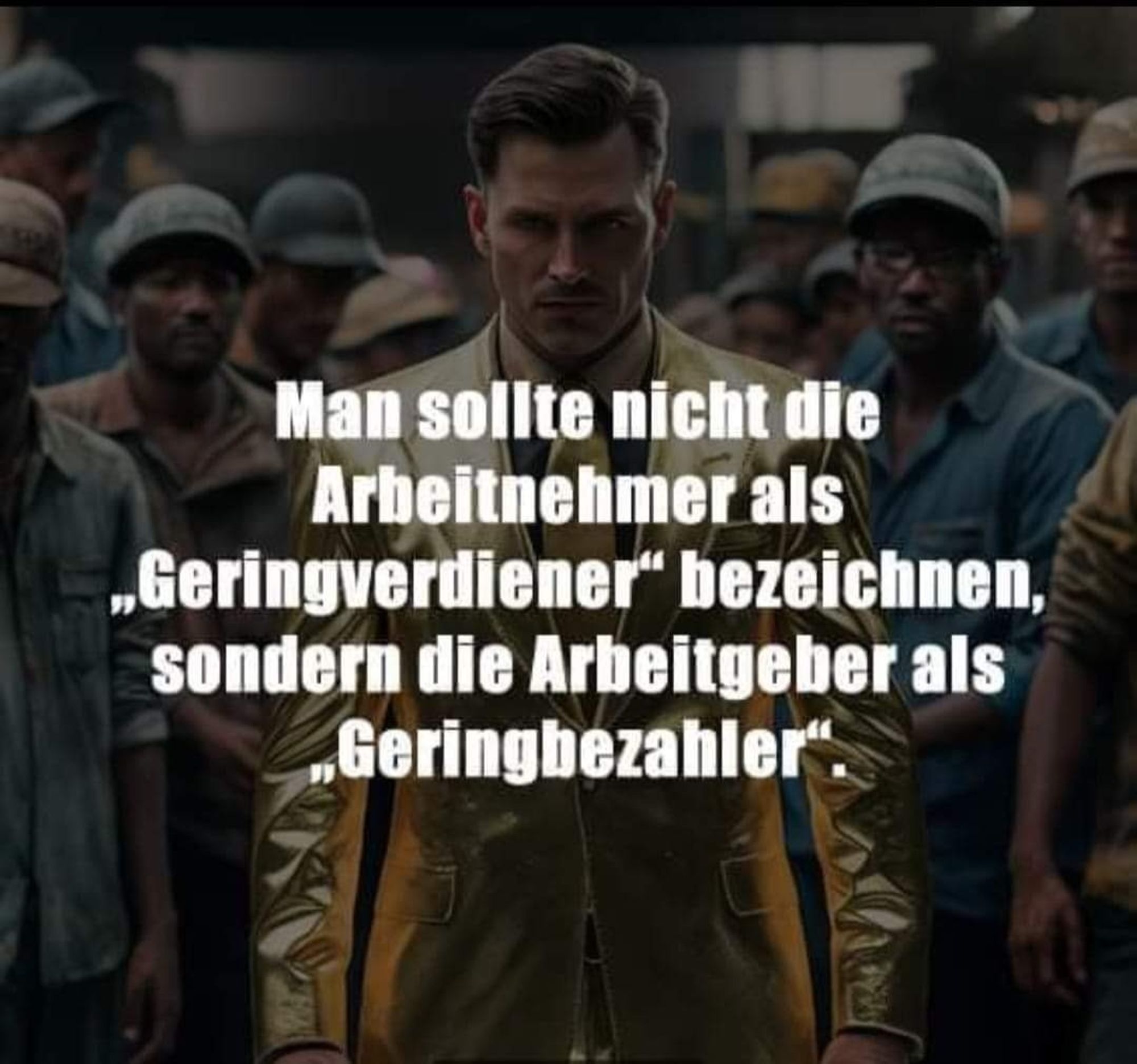 Das Bild zeigt einen Mann im Vordergrund, der einen goldenen Anzug trägt und ernst schaut. Hinter ihm stehen mehrere Männer, die eher schlicht gekleidet sind und ernst oder nachdenklich wirken. Der Text im Bild lautet:

"Man sollte nicht die Arbeitnehmer als 'Geringverdiener' bezeichnen, sondern die Arbeitgeber als 'Geringbezahler'."