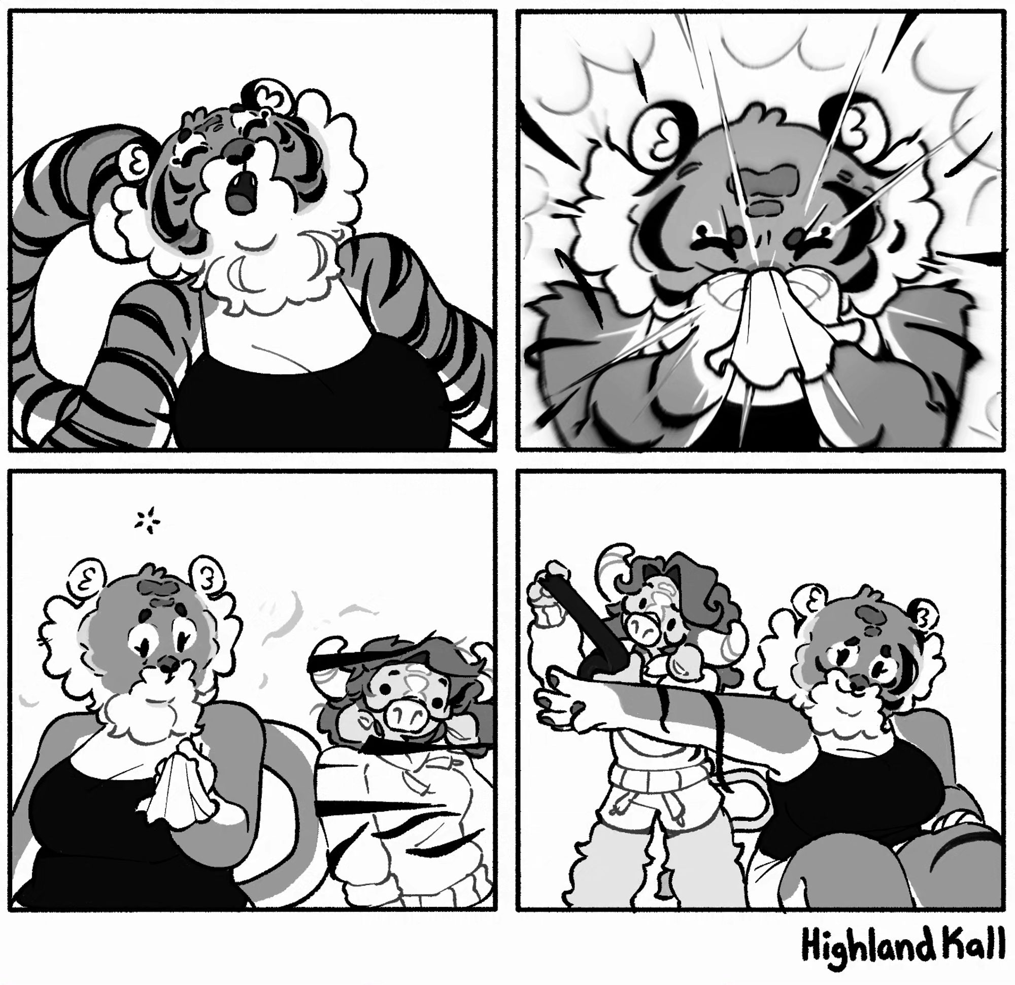 A four-panel comic where the tiger Naomi sneezes and her stripes fly off and into my cow sona. The last panel is my character helping her put new stripes on with black tape.