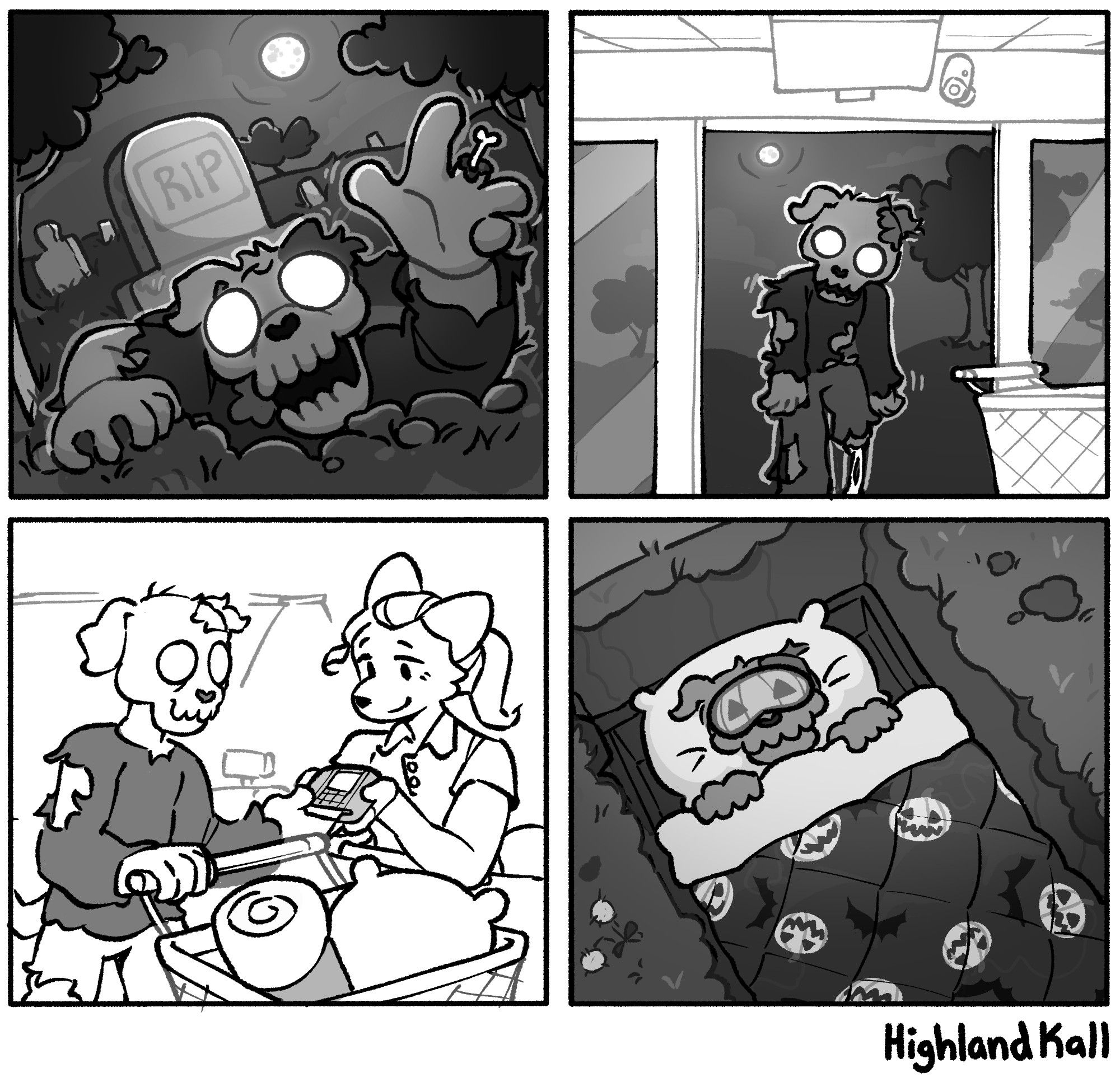 A four-panel comic where a zombie dog rises from their grave and lumbers into a department store. Then he pays for some items at the checkout and goes to sleep in his grave with cute Halloween bedding and eye mask.