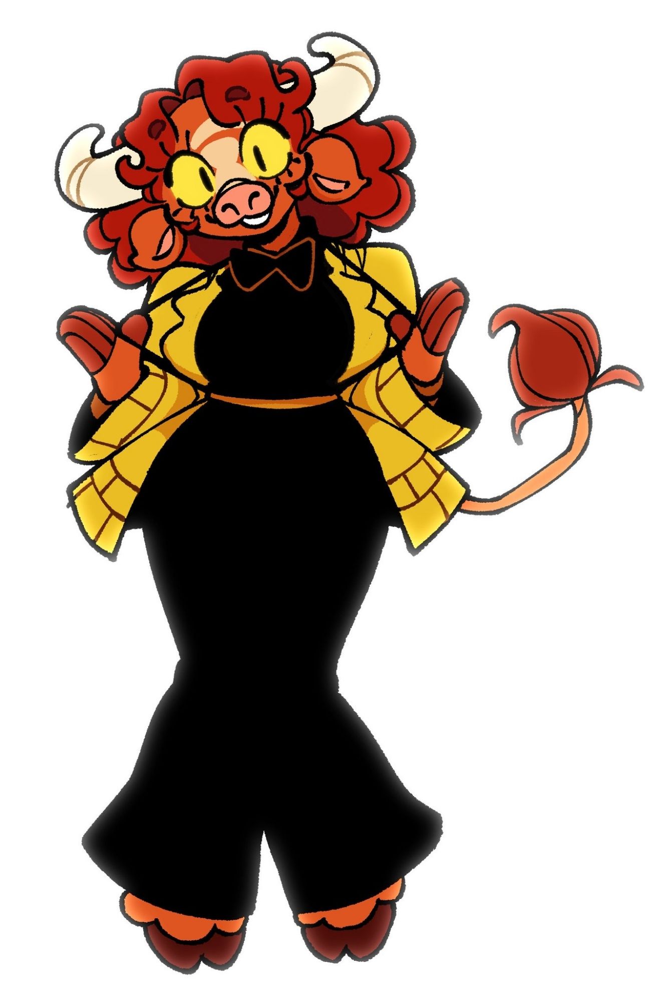 My orange, red haired, pink nosed cow-sona. Shes wearing a black suit with a yellow jacket and her eyes are glowing yellow with narrow black pupils