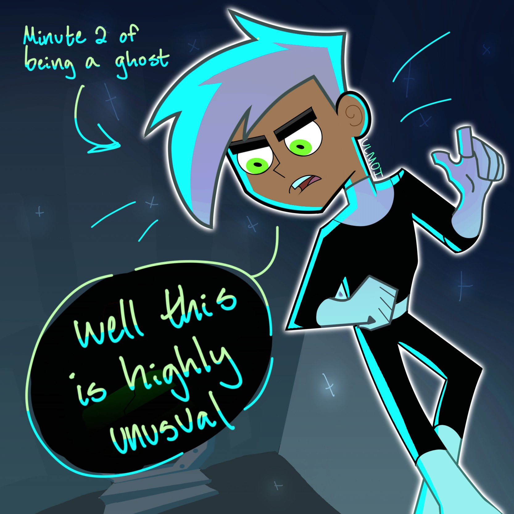 Danny phantom floating 20 feet off the ground only 2 minutes after he was turned into a ghost. "Well this is highly unusual"