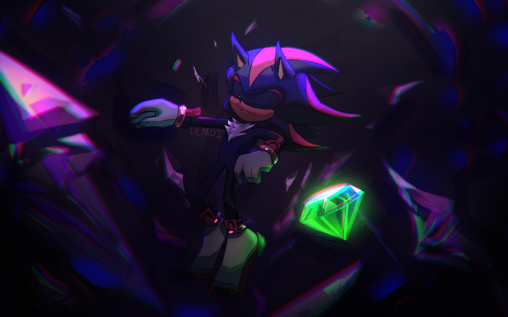 Sonic prime version of shadow the hedgehog floating in the void unconscious alongside a green chaos emerald