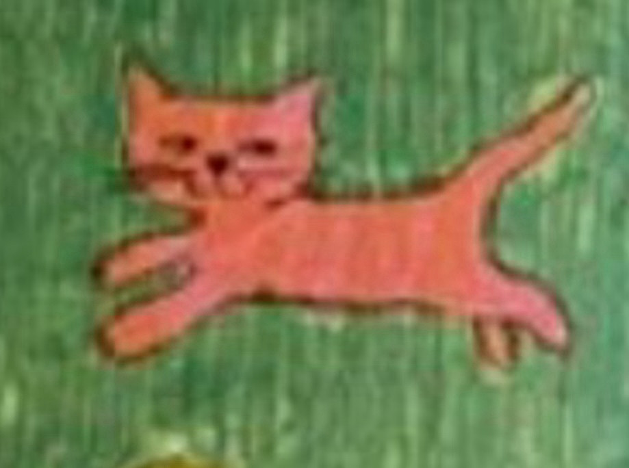 A pink running cartoon cat against green grass drawn in felt tip lines