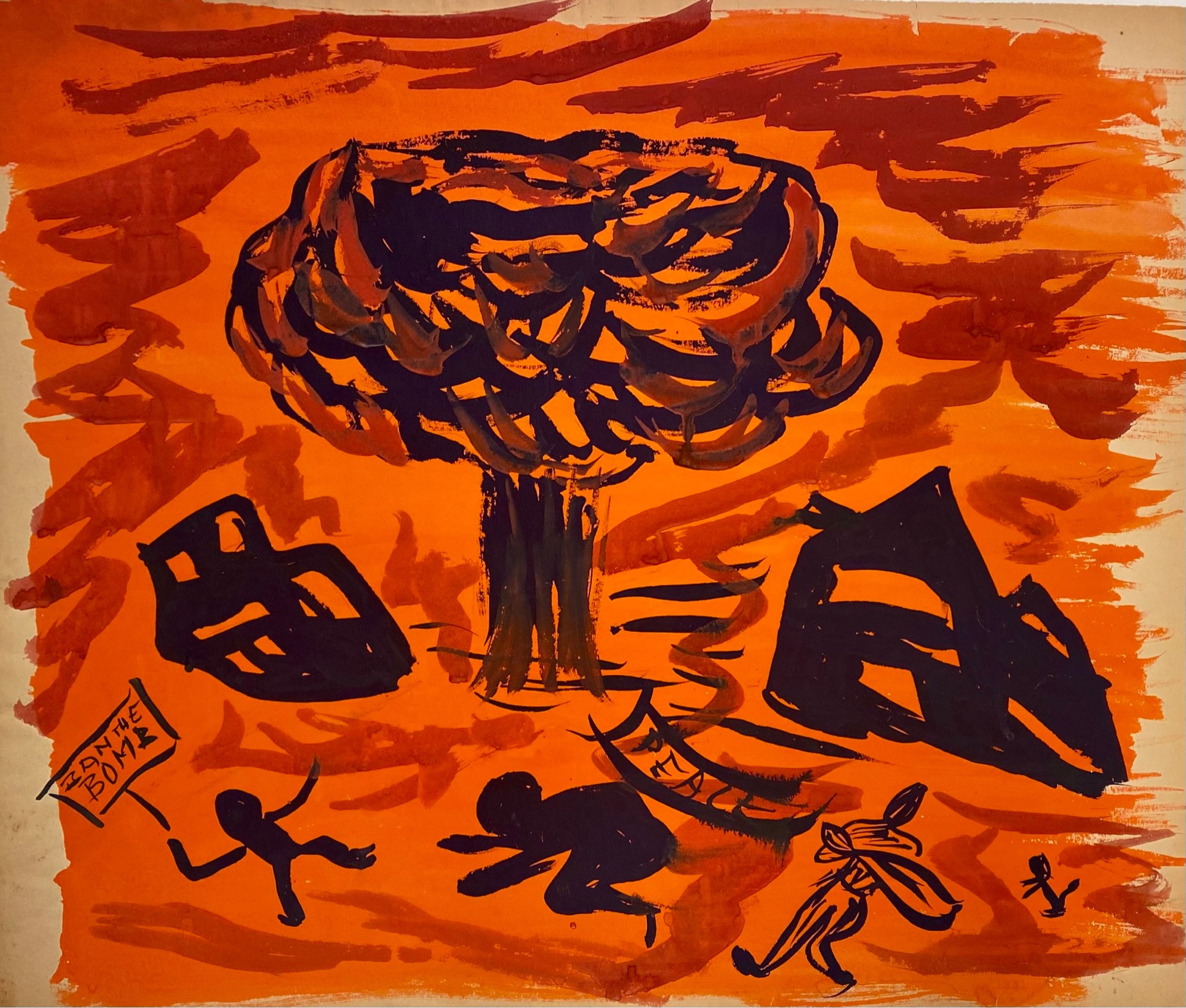 An expressive, non-realistic painting of a dark coloured mushroom cloud from a nuclear bomb on an orange background. Ruined buildings are painted in black and small figures curl up, run around and hold up protest placards saying ban the bomb.