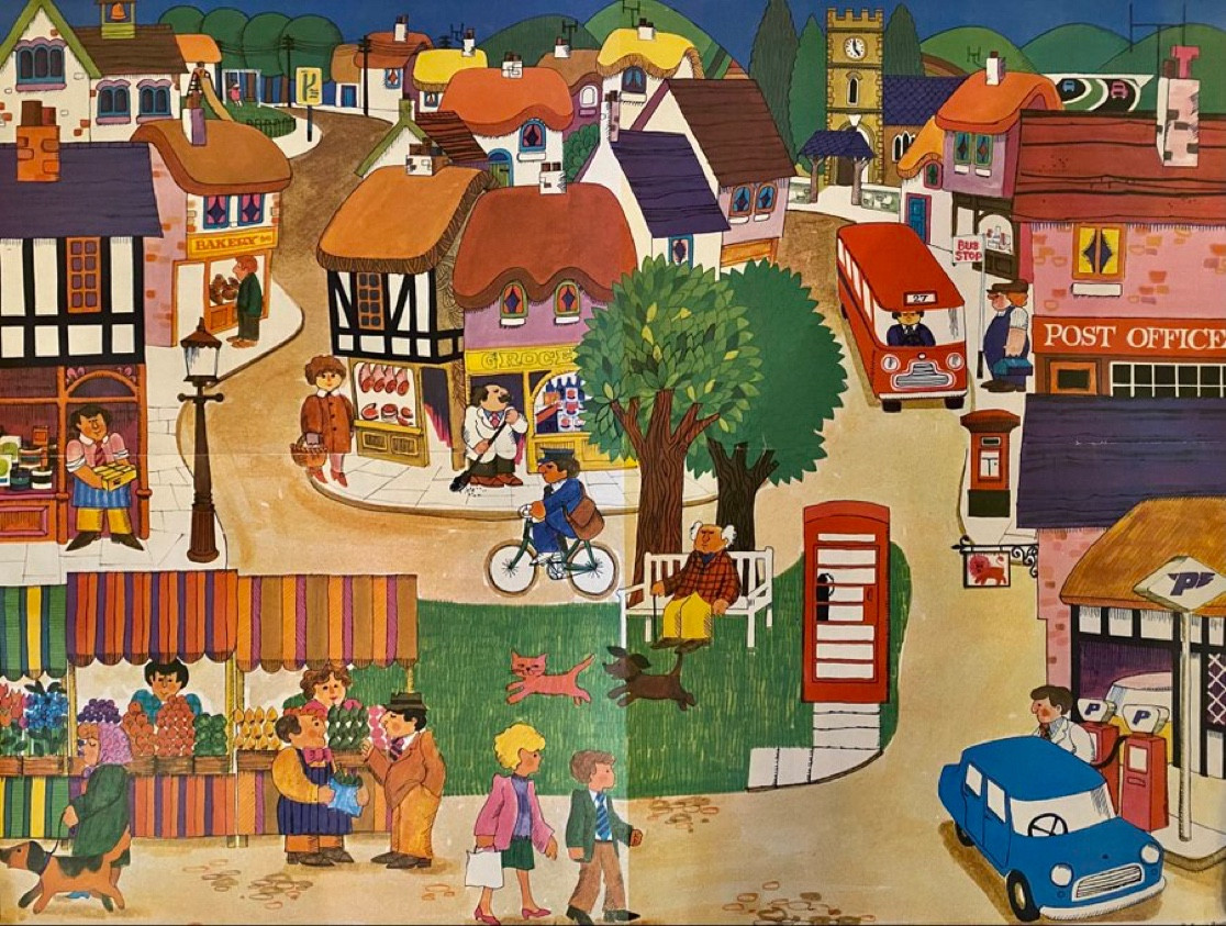 An educational poster drawn in a very recognisably 1970s cartoonish style depicting a British village with market stalls and shops and half timbered houses. The streets are busy with predominantly white people of all ages & genders going about their daily business; walking dogs, buying groceries, filling a car with petrol etc