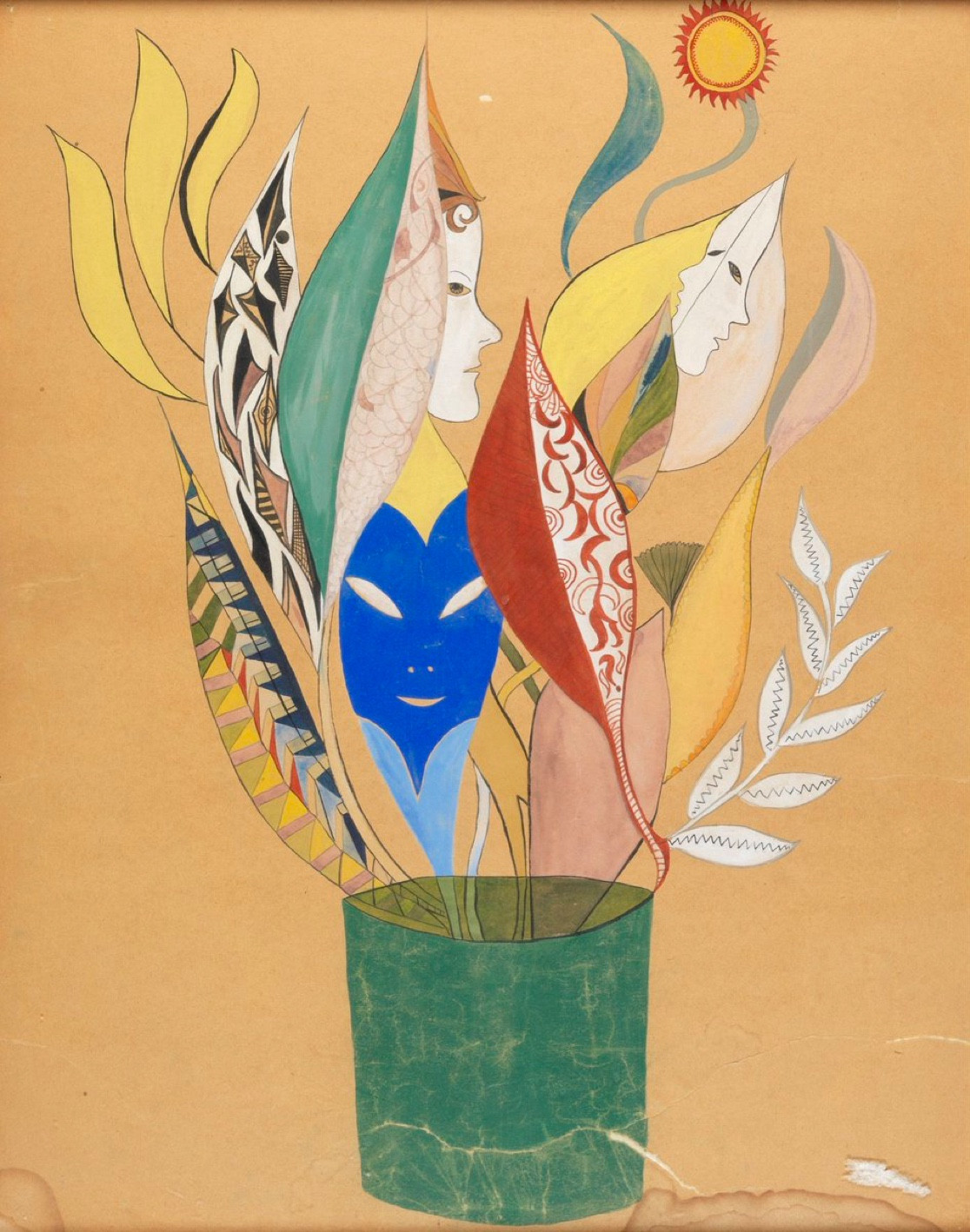 Painting: a squat green vase holds leaf and feather like shapes in muted colours, among them are a blue mask and two white faces in profile with a small sun above. The paper is browned and marked with age.