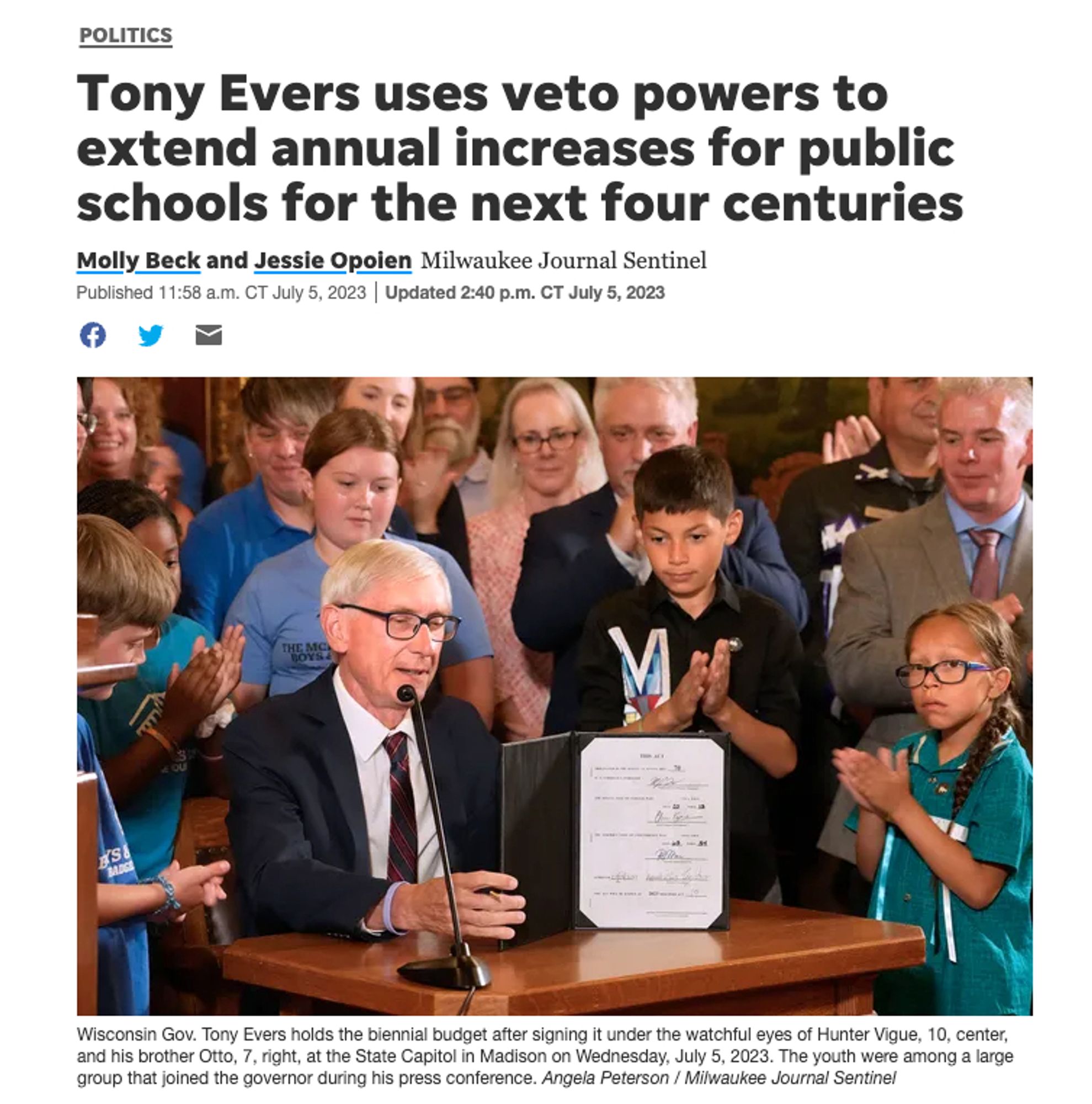 "Tony Evers uses veto powers to extend annual increases for public schools for the next four centuries
Molly Beck
Jessie Opoien
Milwaukee Journal Sentinel
"