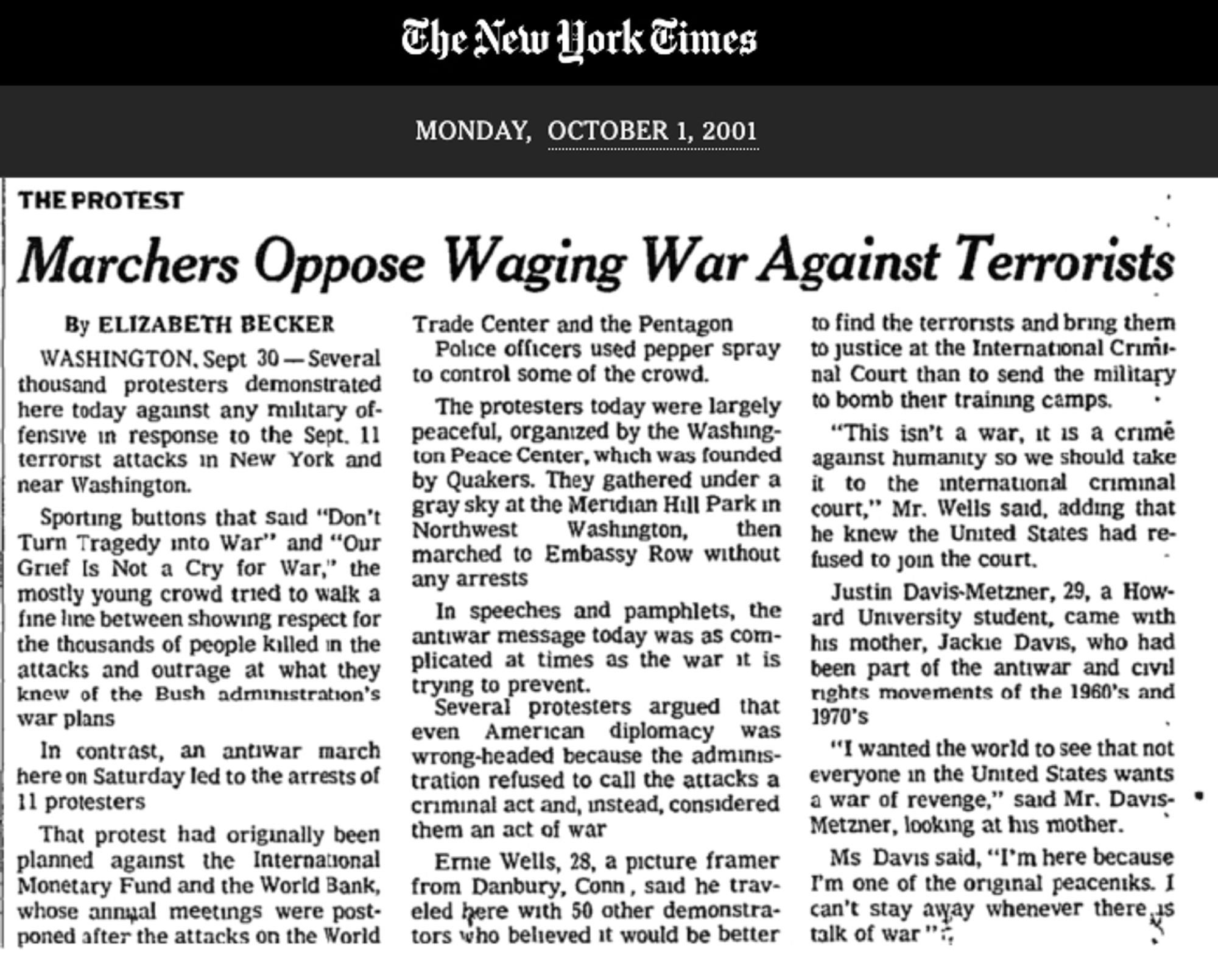 "A NATION CHALLENGED: THE PROTEST; Marchers Oppose Waging War Against Terrorists"