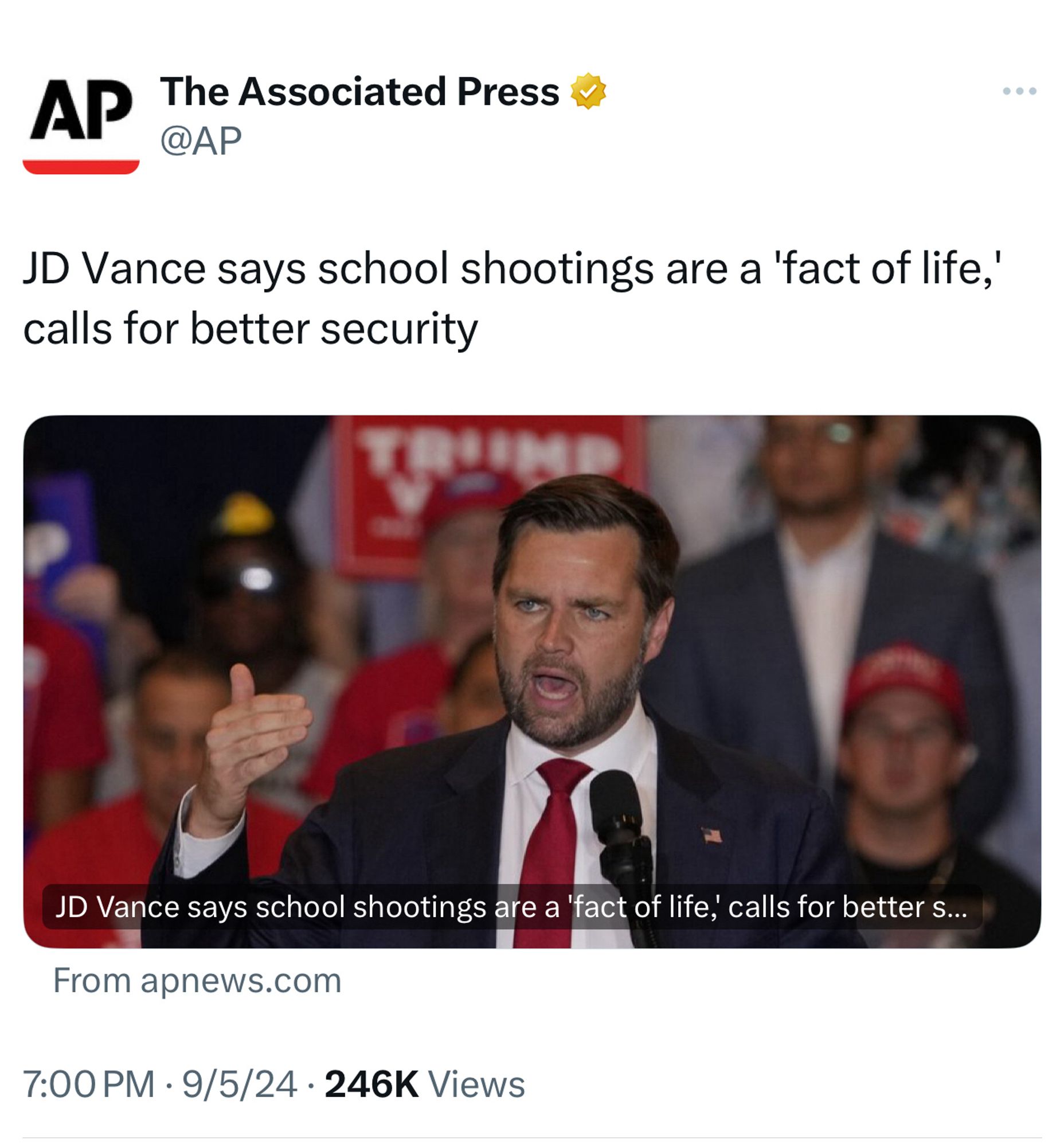 AP
The Associated Press v
@AP
JD Vance says school shootings are a 'fact of life,' calls for better security