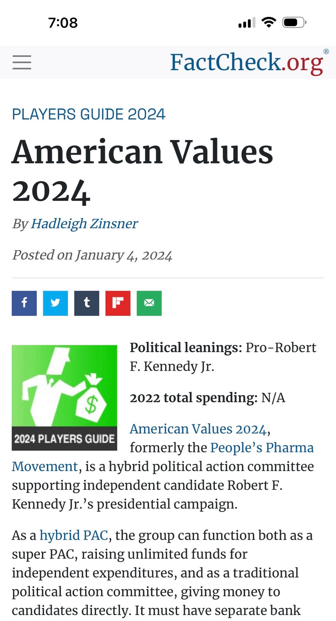 American Values
2024
By Hadleigh Zinsner
Posted on January 4, 2024
f
y
t
F
Political leanings: Pro-Robert
F. Kennedy Jr.
2022 total spending: N/A
American Values 2024,
2024 PLAYERS GUIDE
formerly the People's Pharma
Movement, is a hybrid political action committee supporting independent candidate Robert F.
Kennedy Jr.'s presidential campaign.
As a hybrid PAC, the group can function both as a super PAC, raising unlimited funds for independent expenditures, and as a traditional political action committee, giving money to candidates directly. It must have separate bank