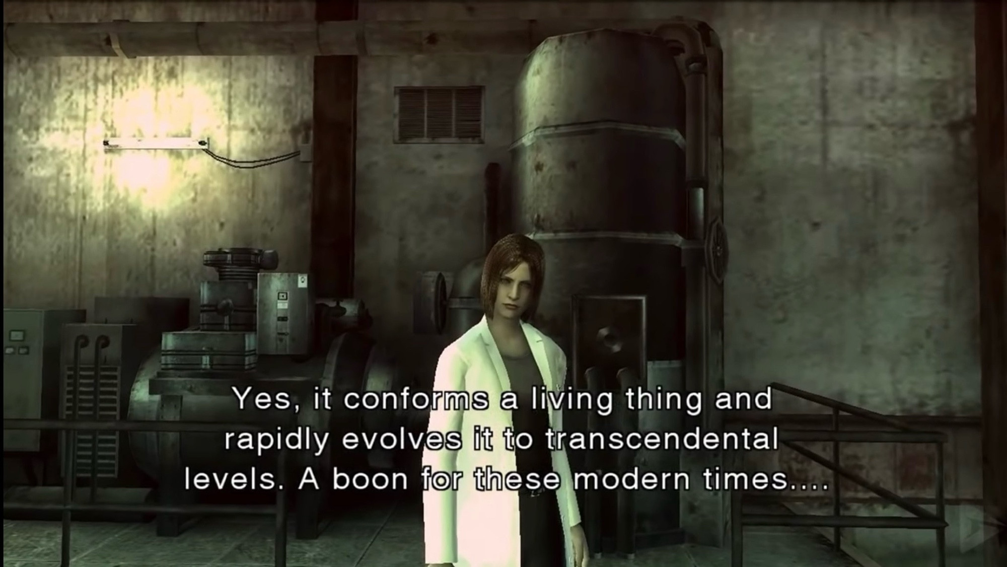 A screenshot from Resident Evil: The Darkside Chronicles where Annette Birkin is describing how the G-Virus supposedly works: “Yes, it conforms a living thing and rapidly evolves it to transcendental levels. A boon for these modern times....”

No, there were no typos there. Dr. Mrs. Birkin is just spouting straight-up gibberish. 