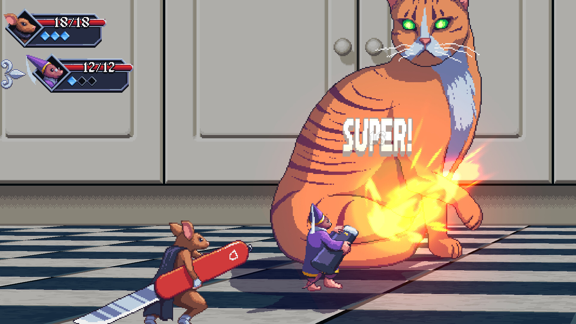 A mouse and a mole, each wielding a weapon. The mouse has a blue cape and is wielding a pocket knife. The mole is wearing a purple robe and pointy hat that is also purple with a white tassel on it. The mole is wielding a lighter that is currently shooting a plume of flame at an orange cat with dark orange stripes. The word "SUPER!" is shown over the cat. The background is the perspective of the small critters in a kitchen, a black and white tiled floor with white cabinets.