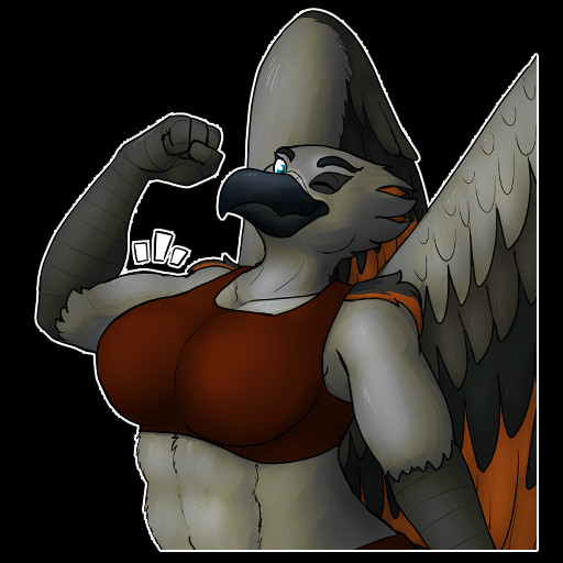 A grey anthropomorphic bird with a black beak, blue eyes, and darkgrey and orange feathers on her wings. She is wearing a red sports top and she is flexing her arm while giving you a wink of encouragement.