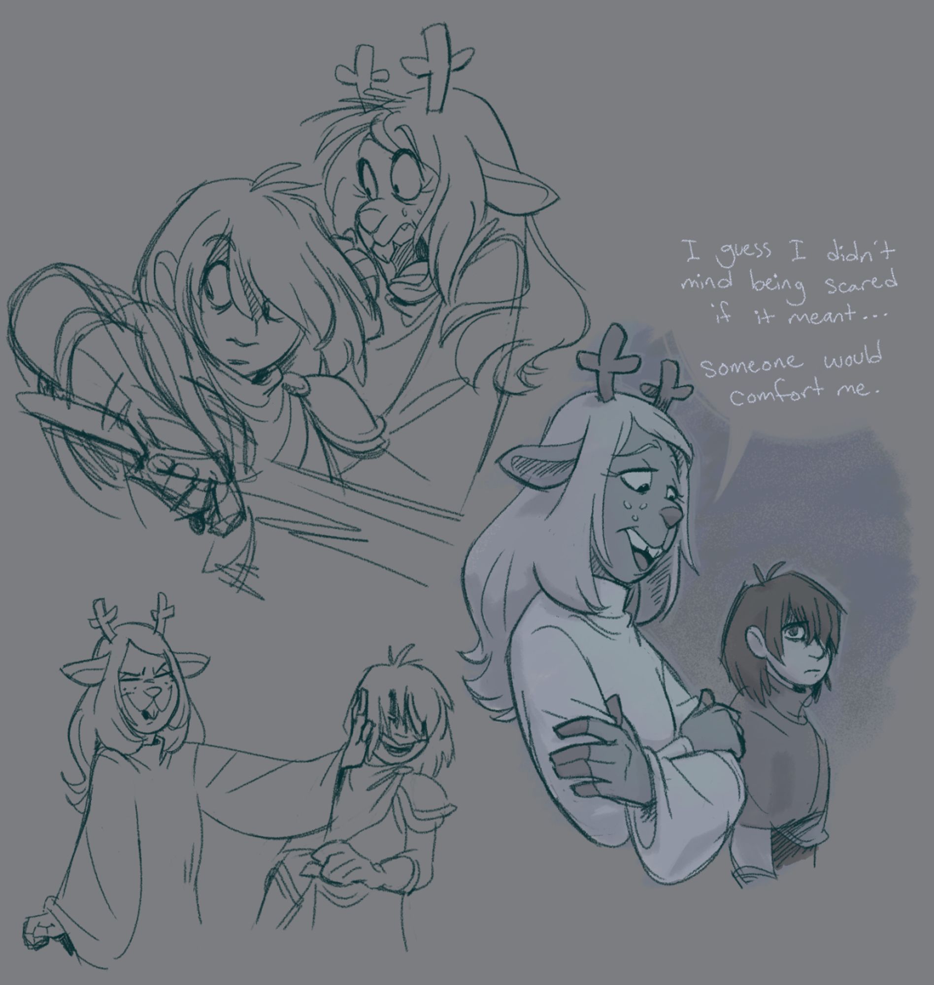 Various digital sketches of Kris and Noelle interacting. In the top left sketch, Kris and Noelle are reacting to something off-canvas. Kris is unsheathing their sword as Noelle screams beside them. In the bottom left sketch, Noelle playfully pushes Kris away as they laugh. In the rightmost sketch, Noelle speaks as Kris observes her with a somber expression. The text reads: "I guess I didn't mind being scared if it meant... someone would comfort me."