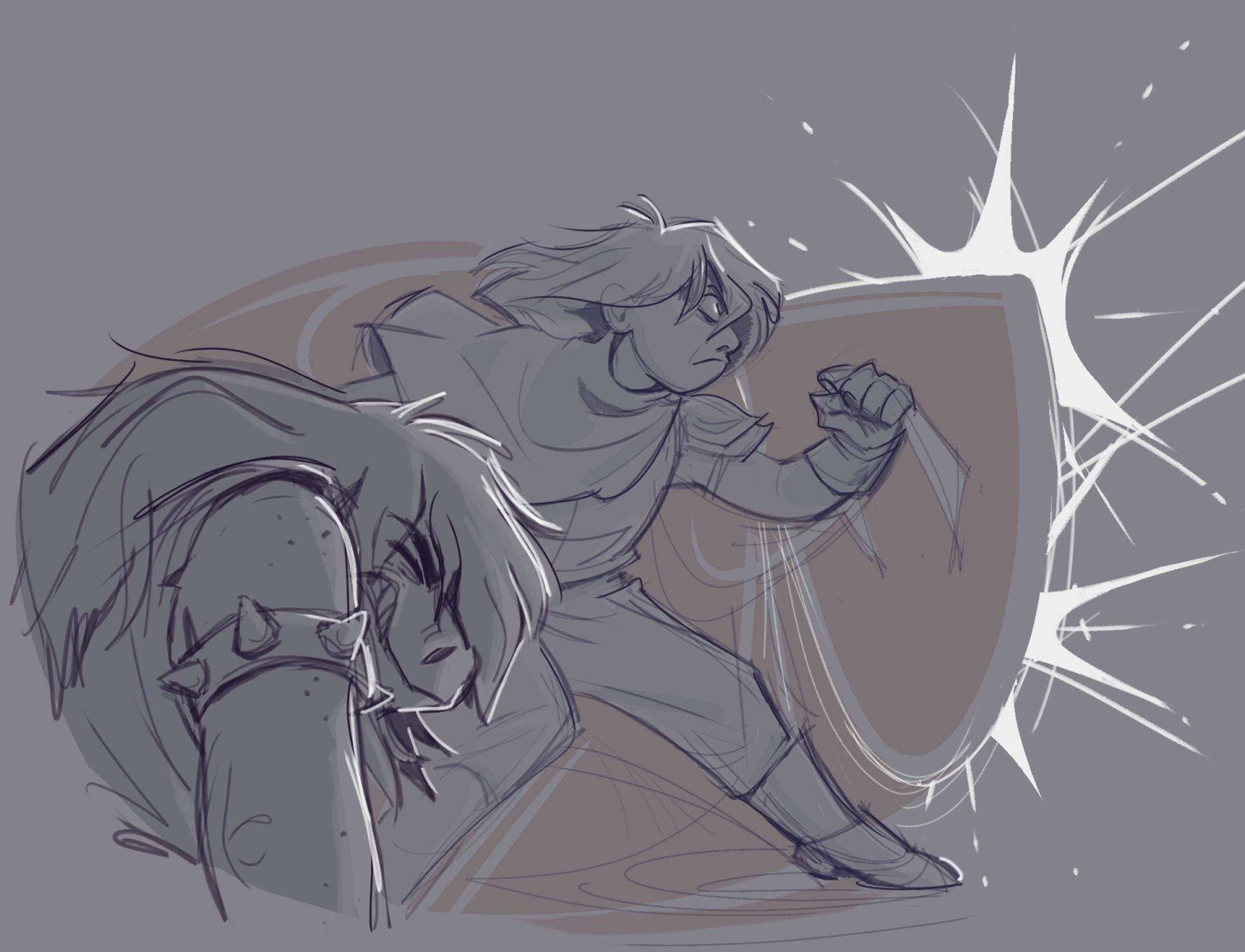 A digital sketch of Kris shielding Susie from projectiles. Susie is wincing and bracing for impact, while Kris holds up their shield with an intense and angry expression.