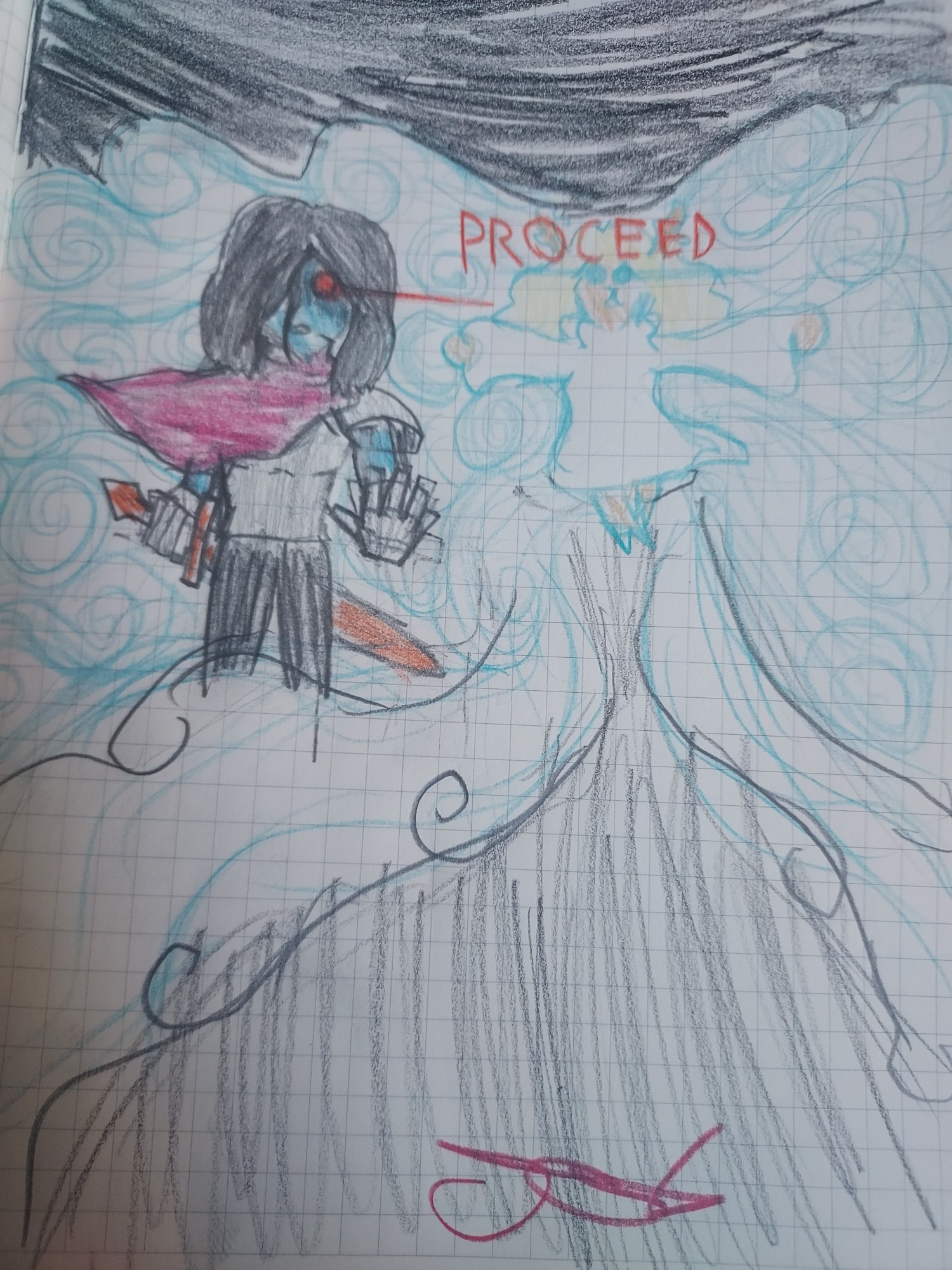 A pencil drawing on grid paper depicting Kris Dreemurr and Noelle Holiday from the 2021 game Deltarune Chapter 2. Kris stands in front, the the left, and Noelle stands behind, an icy wind blowing forth from behind her.