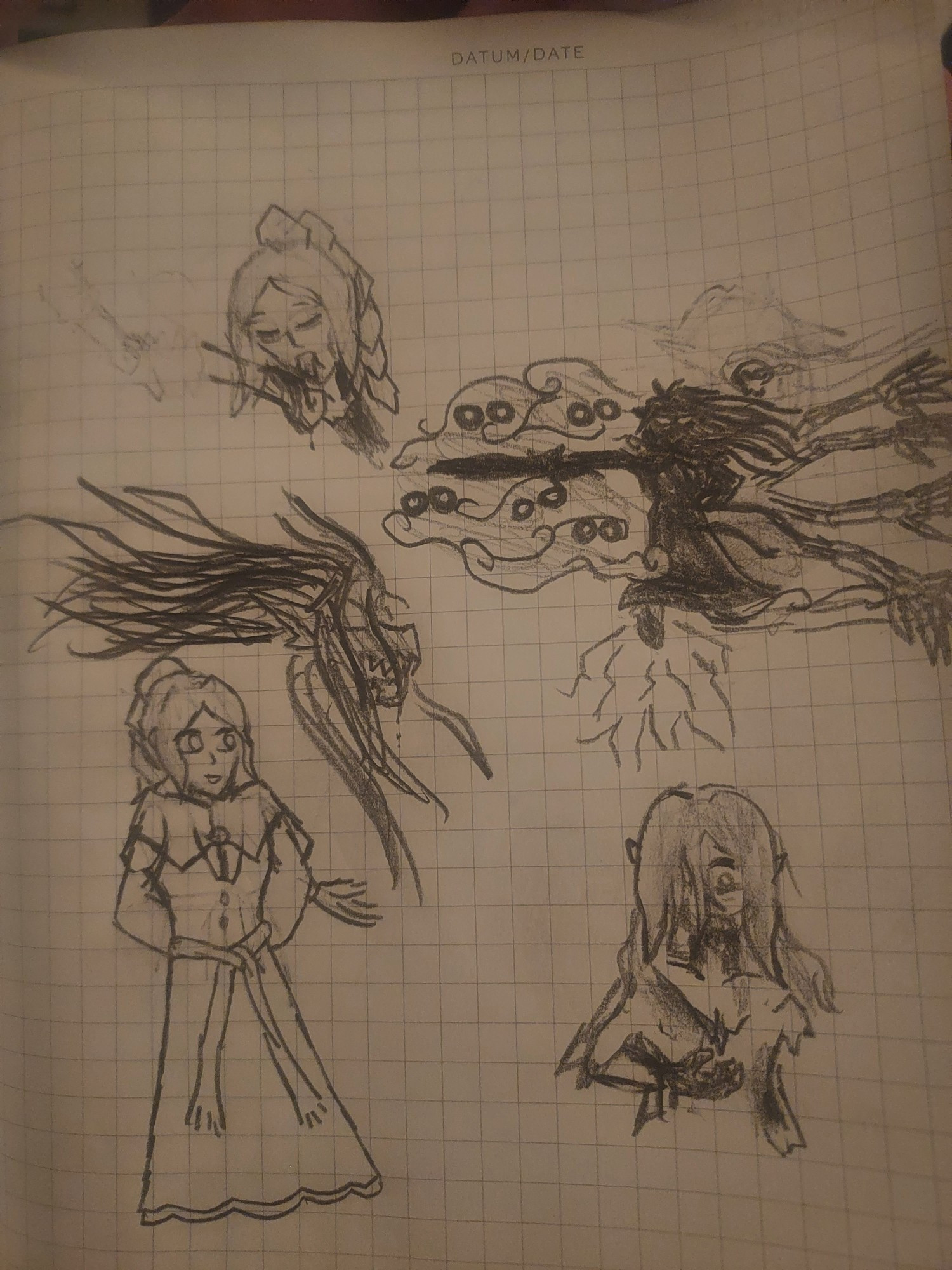 Five sketches depicting as follows; a young smiling Karelian woman in a dress, the same woman drinking blood from the wrist of an unseen vampiress, the face of a woman twisted into a beast, the woman gazing in horror at the blood on her hands, and the silhouette of this woman as a vampiress, calling on a veil of mist and an army of those upon whom she's fed. 