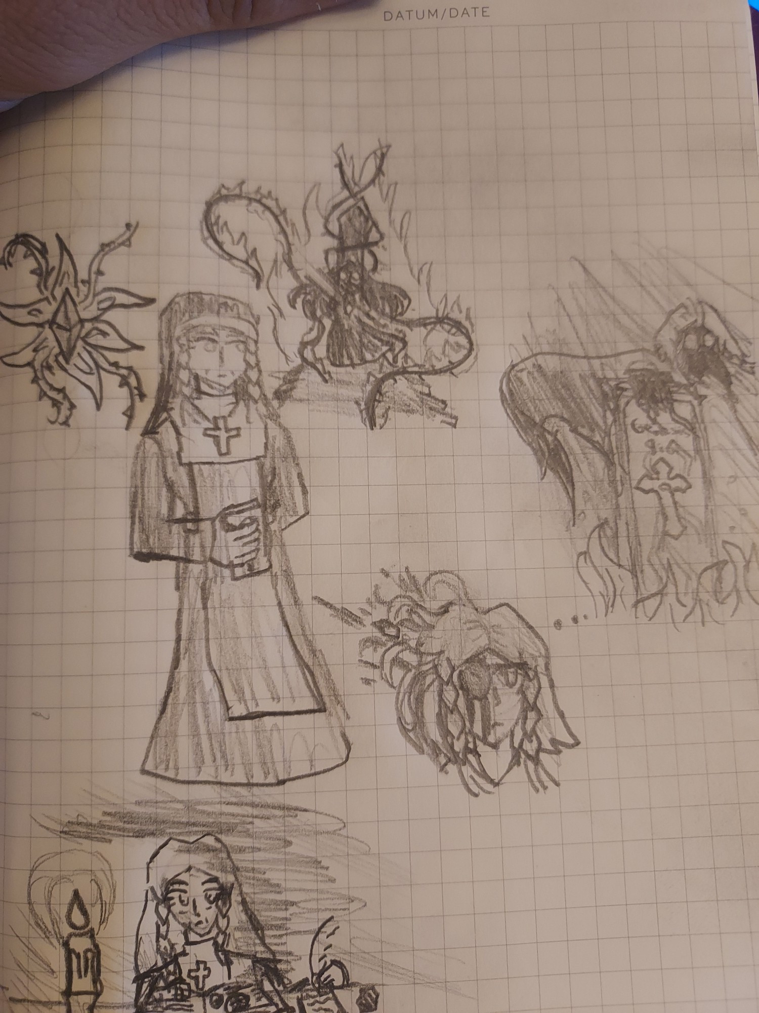 Six sketches depicting as follows. An old Icelandic woman in the uniform of a protestant nun, said woman studying old alchemy books by candlelight, the silhouette of the woman being burned alive and vines springing forth, a gemstone sprouting flower petals and vines, the woman, appearing younger, unphased by a bullet passing through her eye, and the woman in a beaker mask and cape, clutching tightly to a wooden box with the text "Genesis 9:6" engraved upon it.