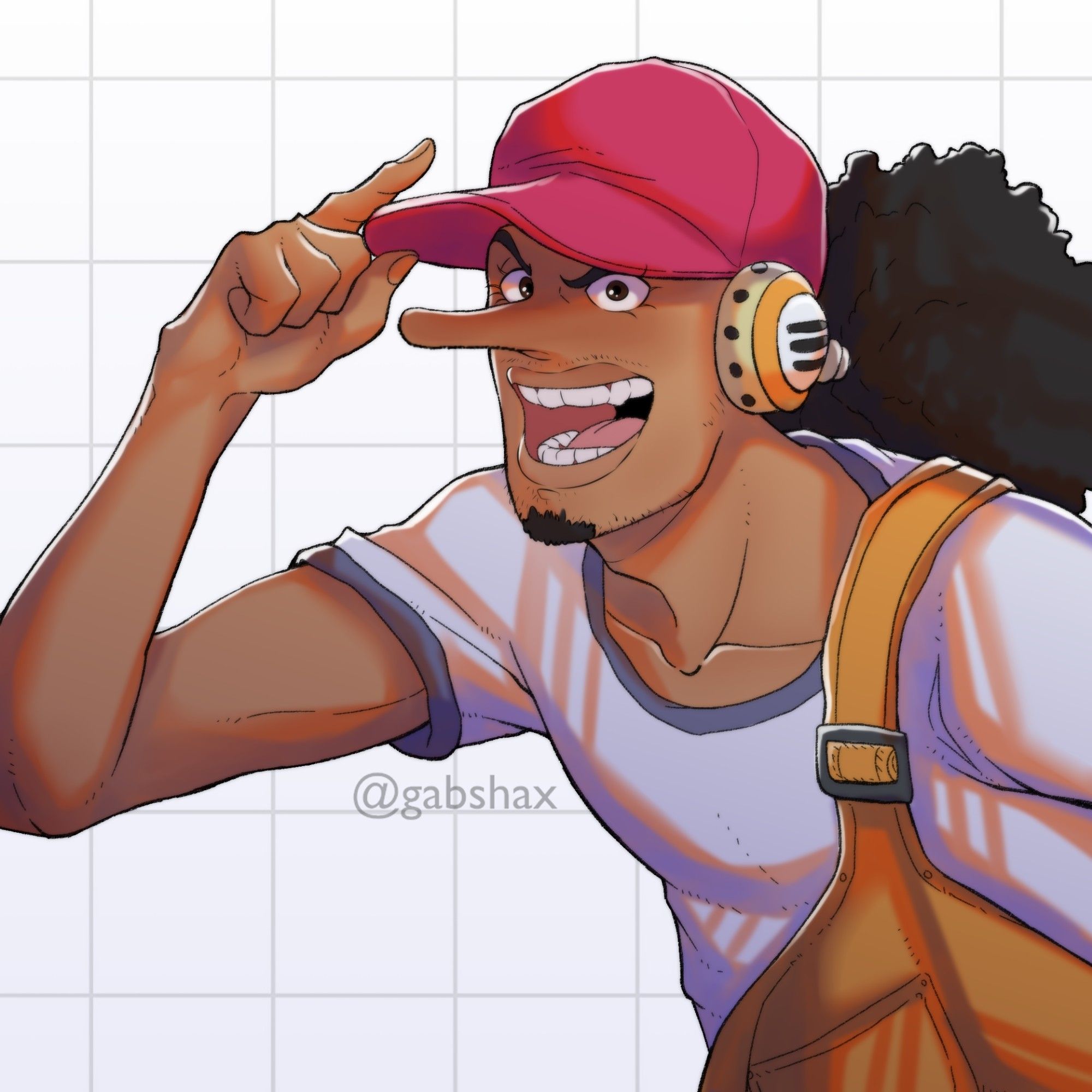 Personagem usopp do anime de one piece, usando um suspensório laranja, uma blusa branca e um boné vermelho