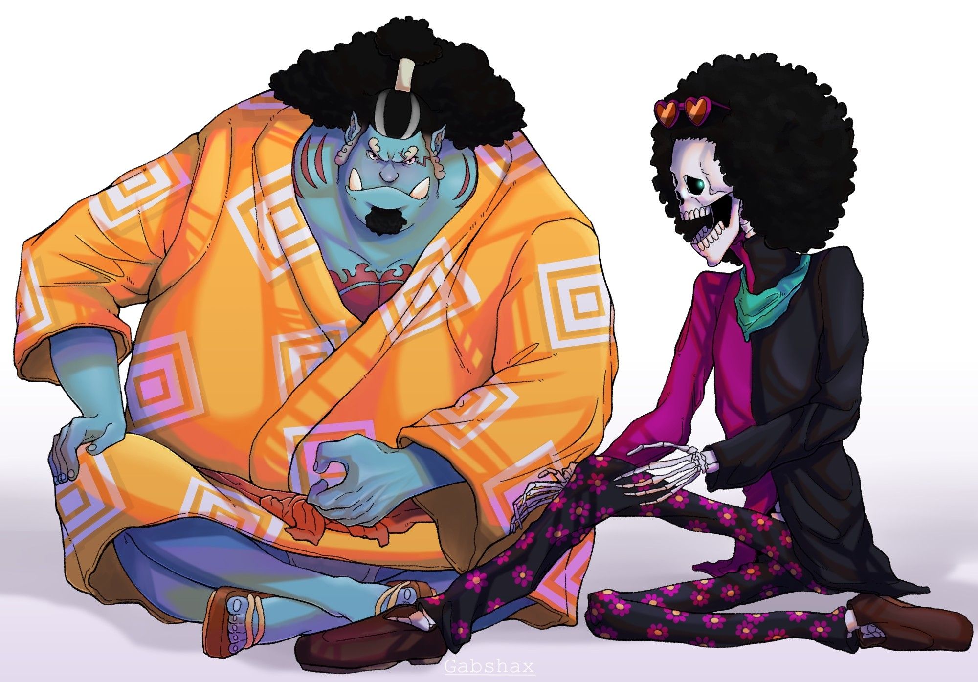 Personagens brook e jinbei de one piece sentados no chão em um fundo infinito branco. Eles estão usando roupas coloridas e chamativas.