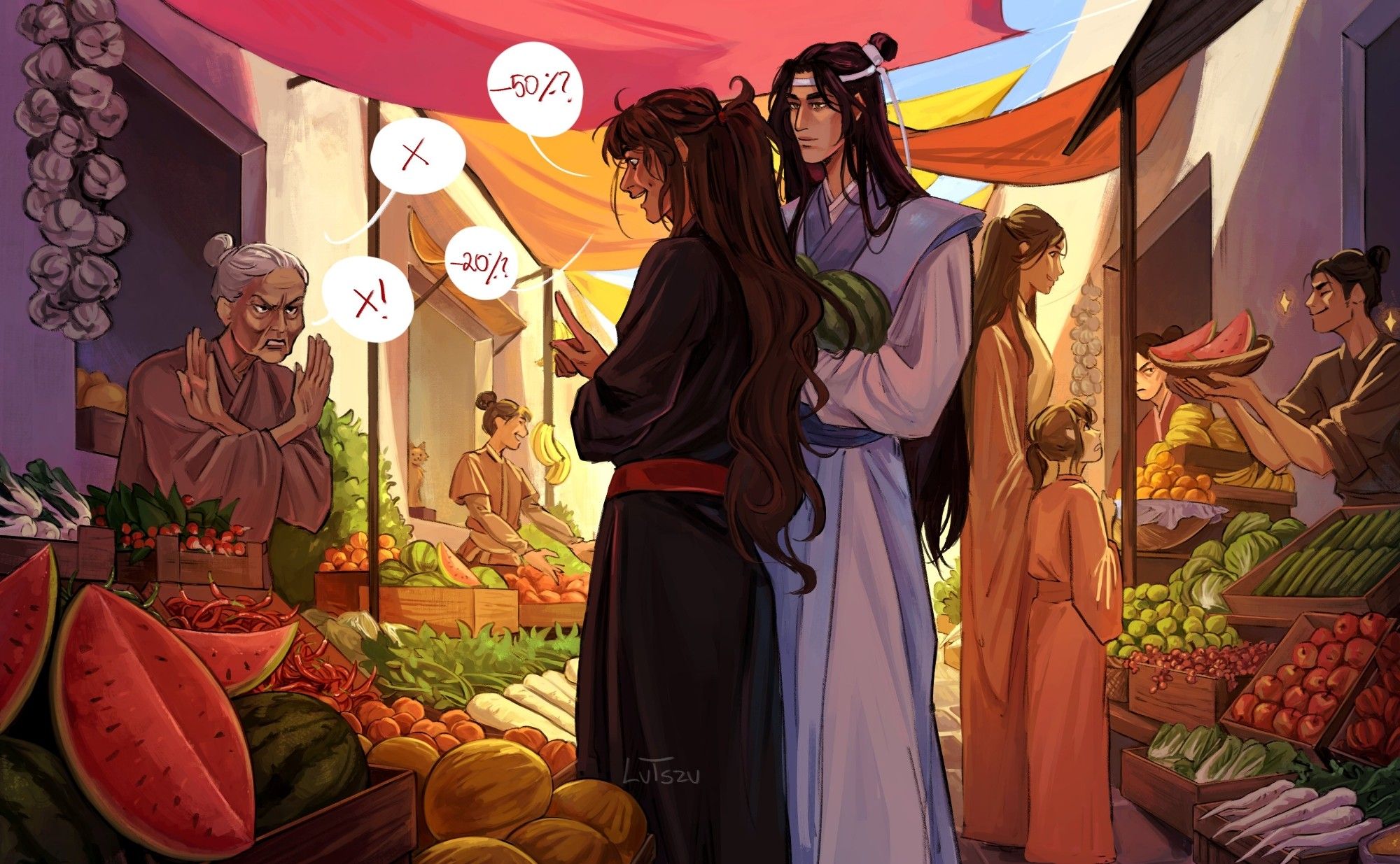 Wangxian on a street market, wei wuxian is arguing about a price with some old lady and lan zhan is looking at him with hearts in his eyes