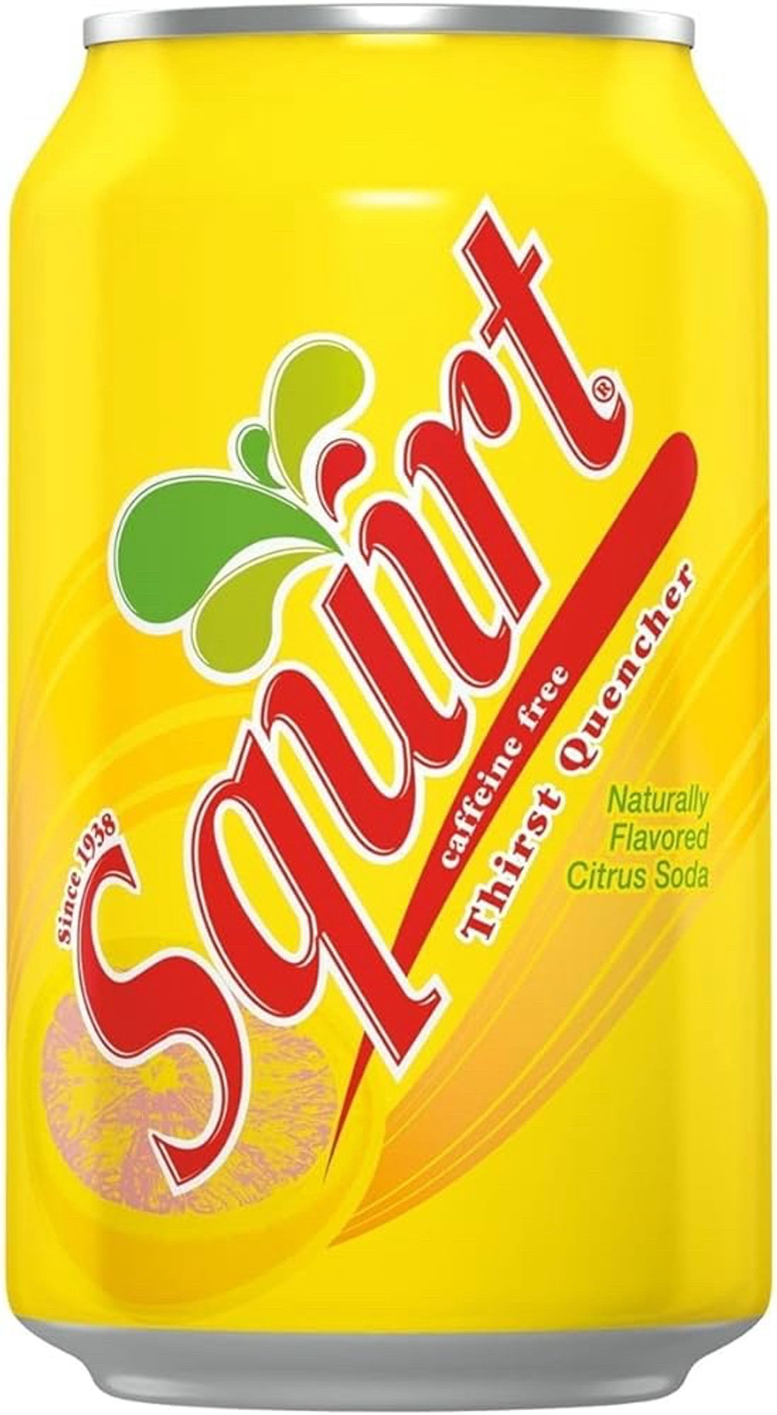 A can of Squirt proclaiming it’s caffeine free Thirst Quencher and Naturally Flavored Citrus Soda