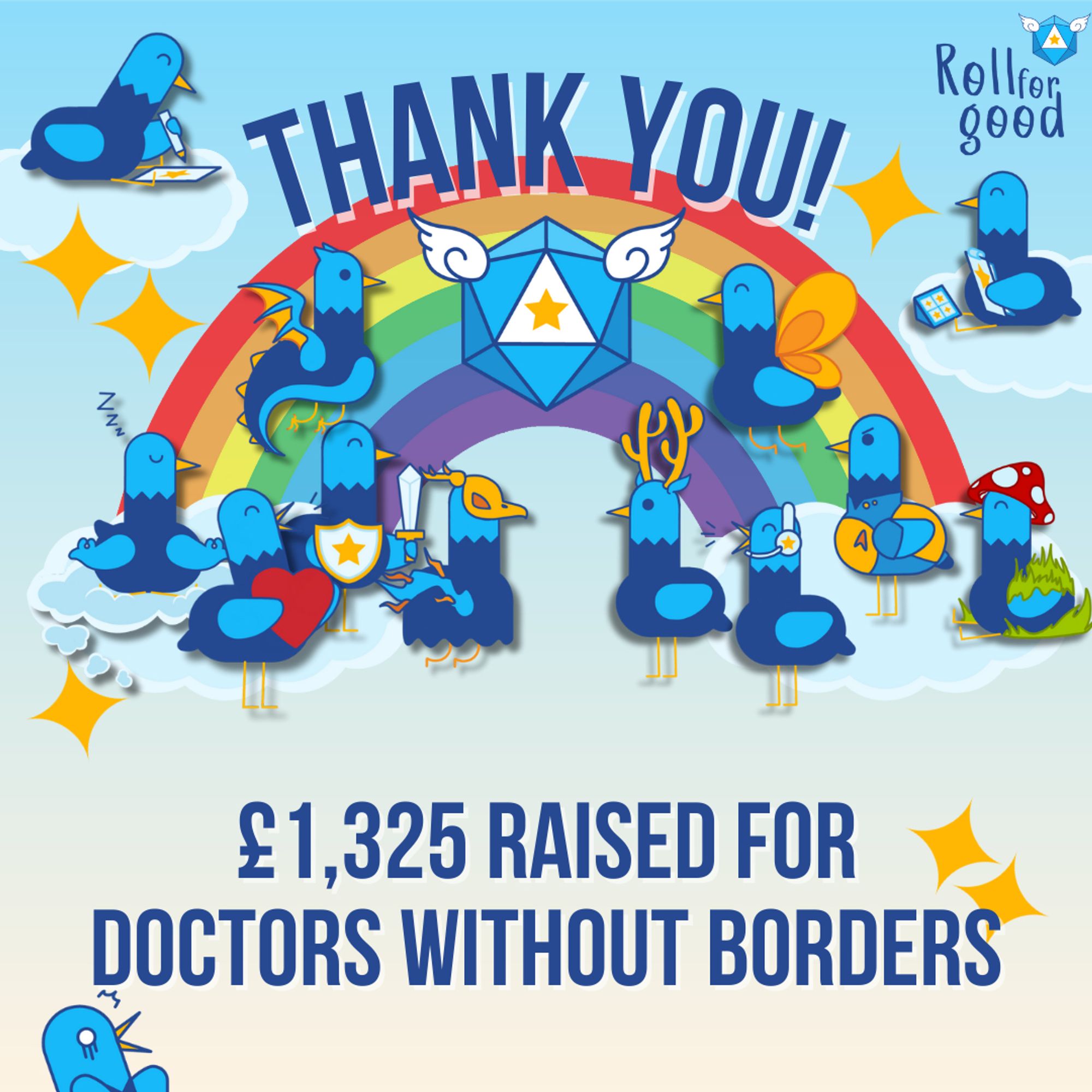 Light blue background with many interations of Sir Birbington (our blue bird mascot) standing around a rainbow. Text: THANK YOU! 1,325 raised for Doctors Without Borders